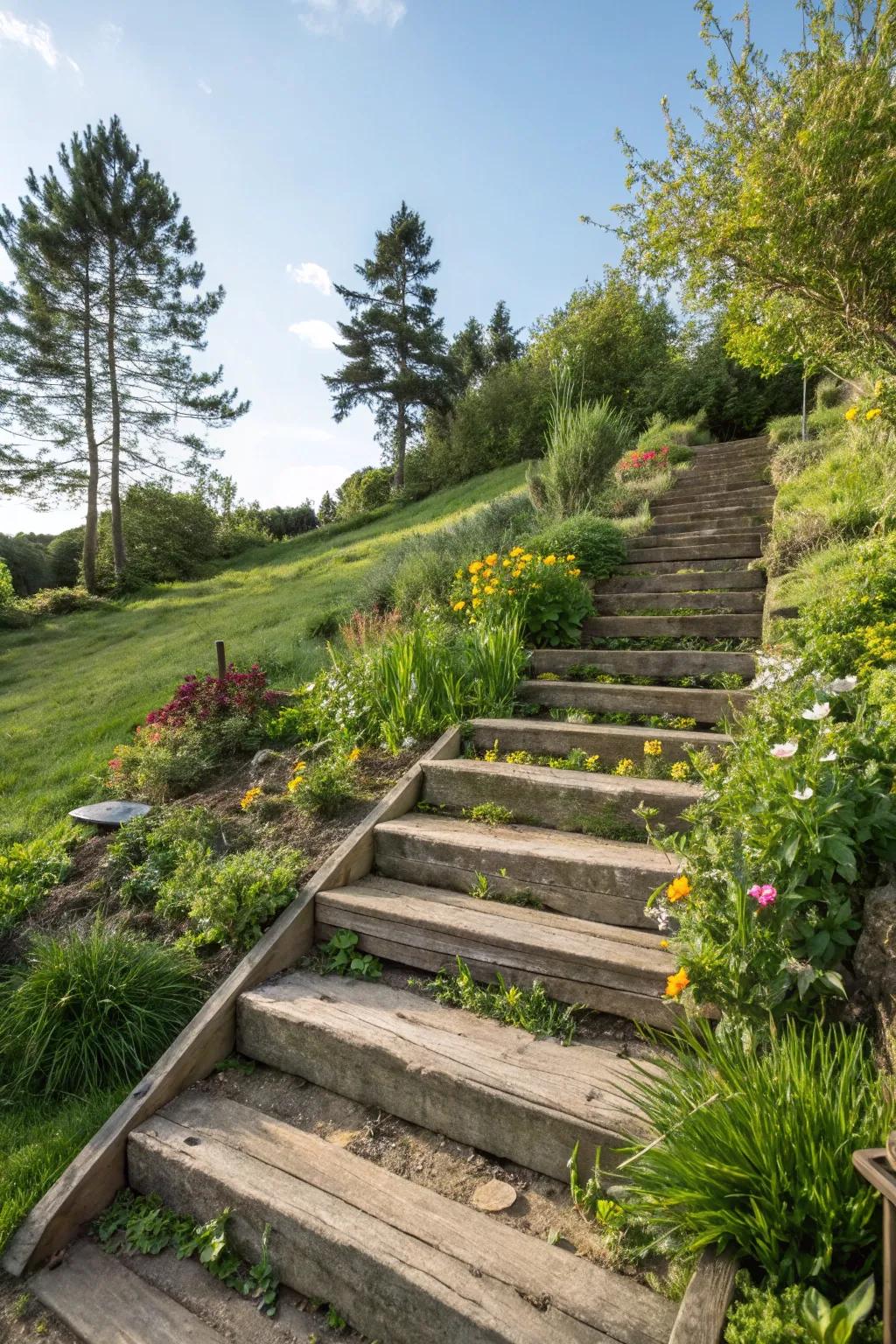 Timber steps are a functional and handsome addition to sloping gardens.