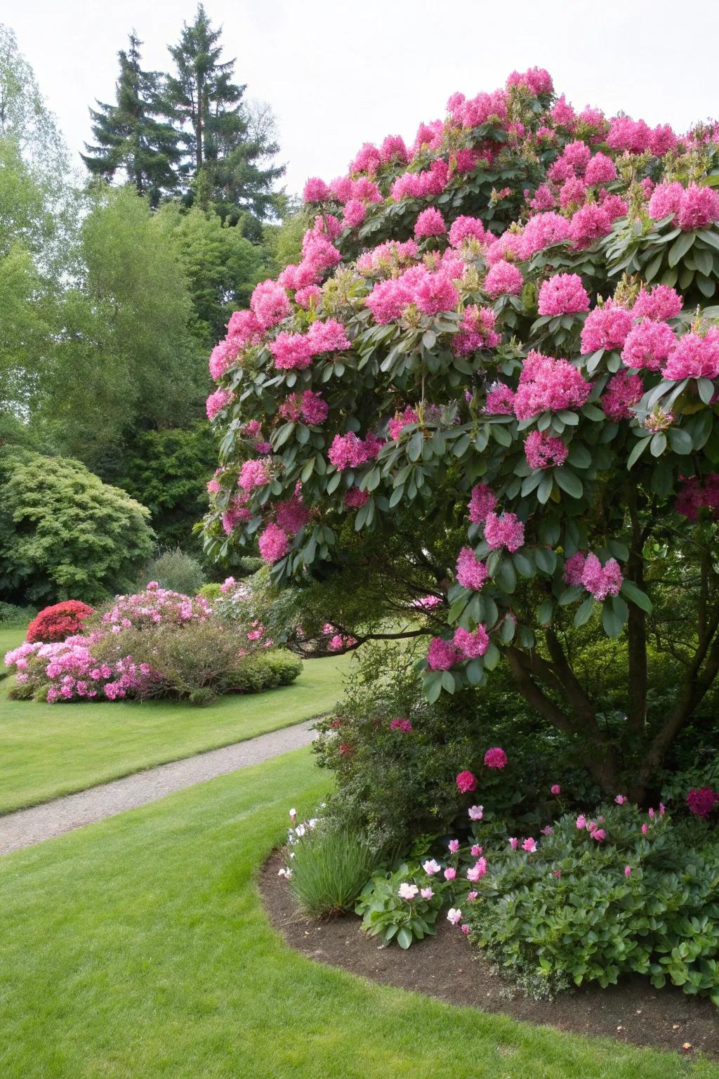 A majestic rhododendron functioning as a garden's focal highlight.