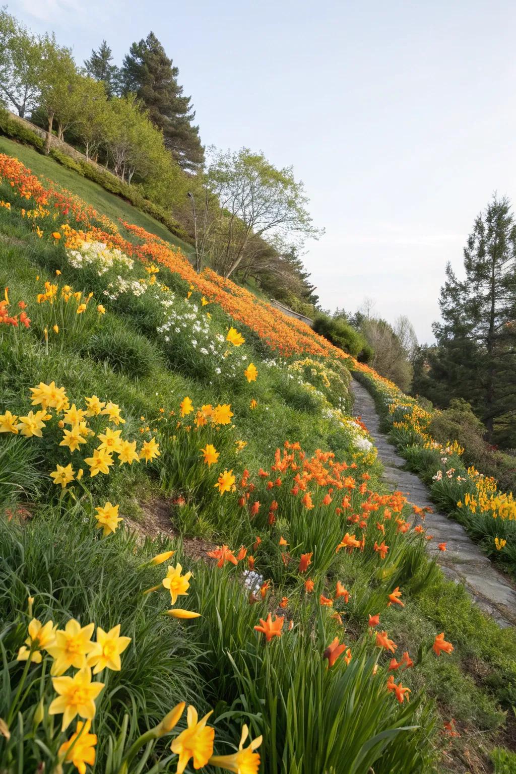 A steep garden slope transformed with <strong>golden trumpets</strong> and <strong>daystars</strong>, offering vibrant color.” loading=”lazy” class=”pimg”>
	</picture><figcaption>A steep garden slope transformed with <strong>golden trumpets</strong> and <strong>daystars</strong>, offering vibrant color.</figcaption></figure>
<p>Turn hard-to-mow slopes into a colorful spectacle by planting <strong>golden trumpets</strong> and <strong>daystars</strong>. This low-maintenance choice keeps these areas looking beautiful all year.</p>
<h3>These products might be useful:</h3>
<ul class=