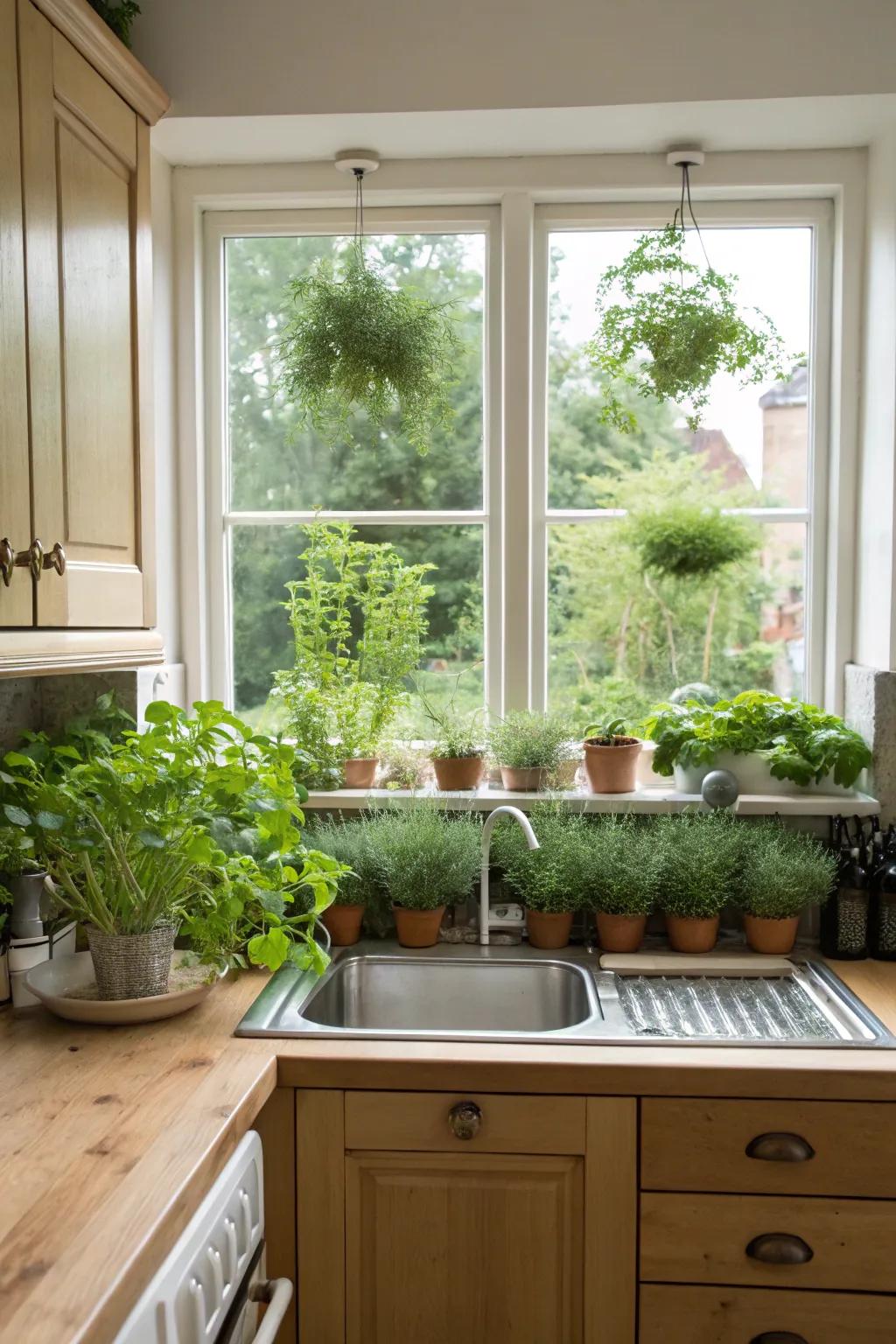 Natural element via a kitchen greenhouse window.