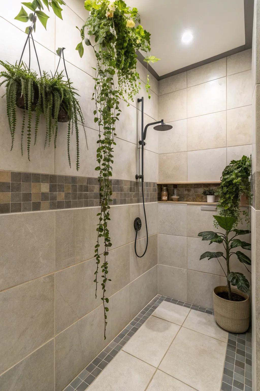 Plants contribute natural freshness to showers featuring large coverings.
