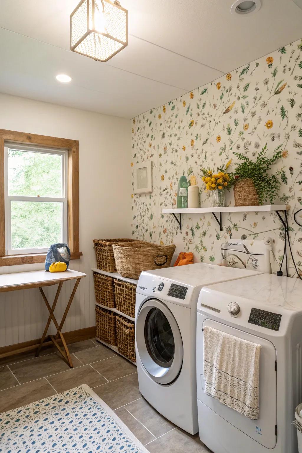 Wallpaper fashions a captivating and surprising backdrop in the laundry room.