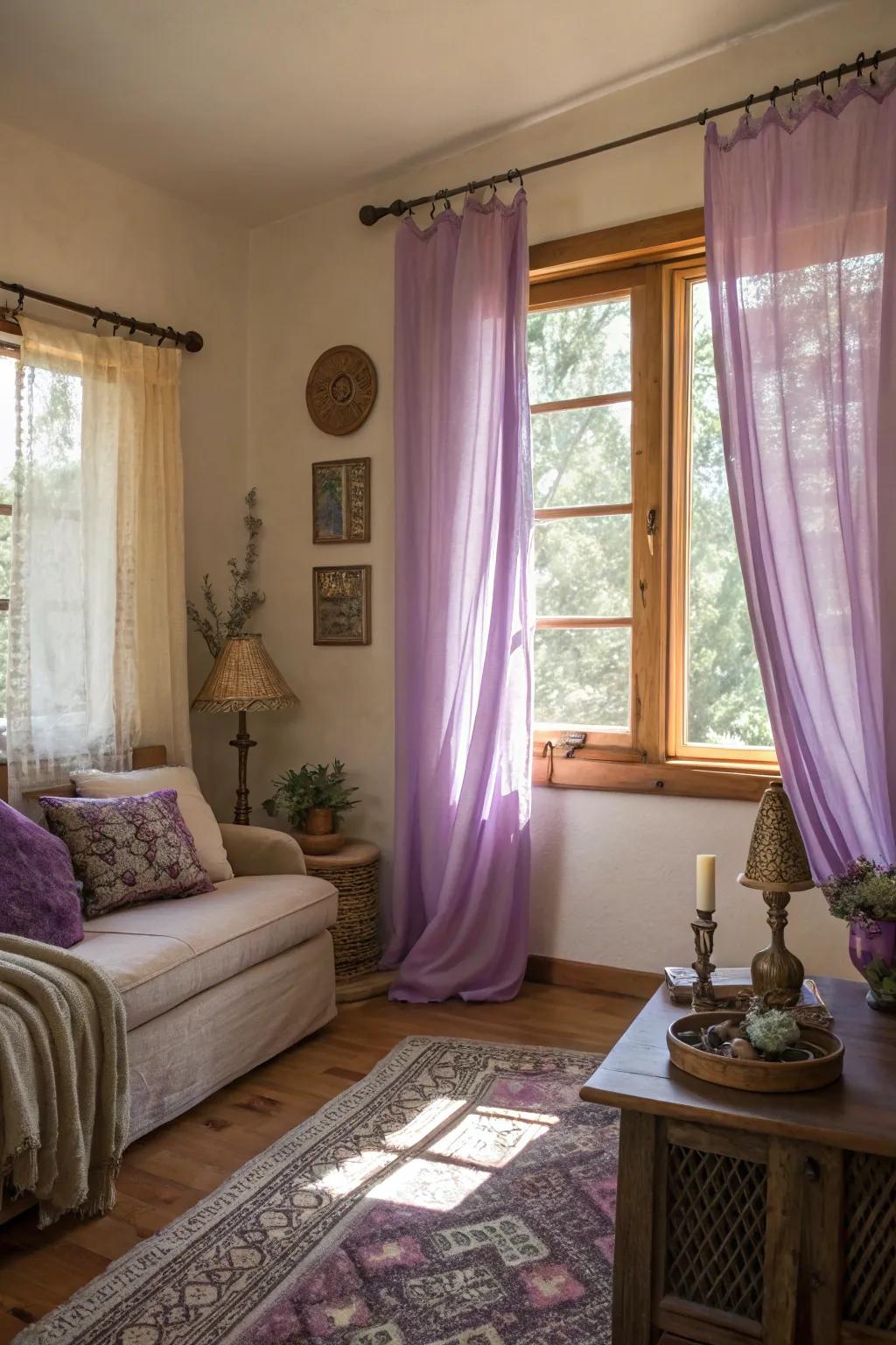 A room transformed by lavender curtains and warm sunlight.