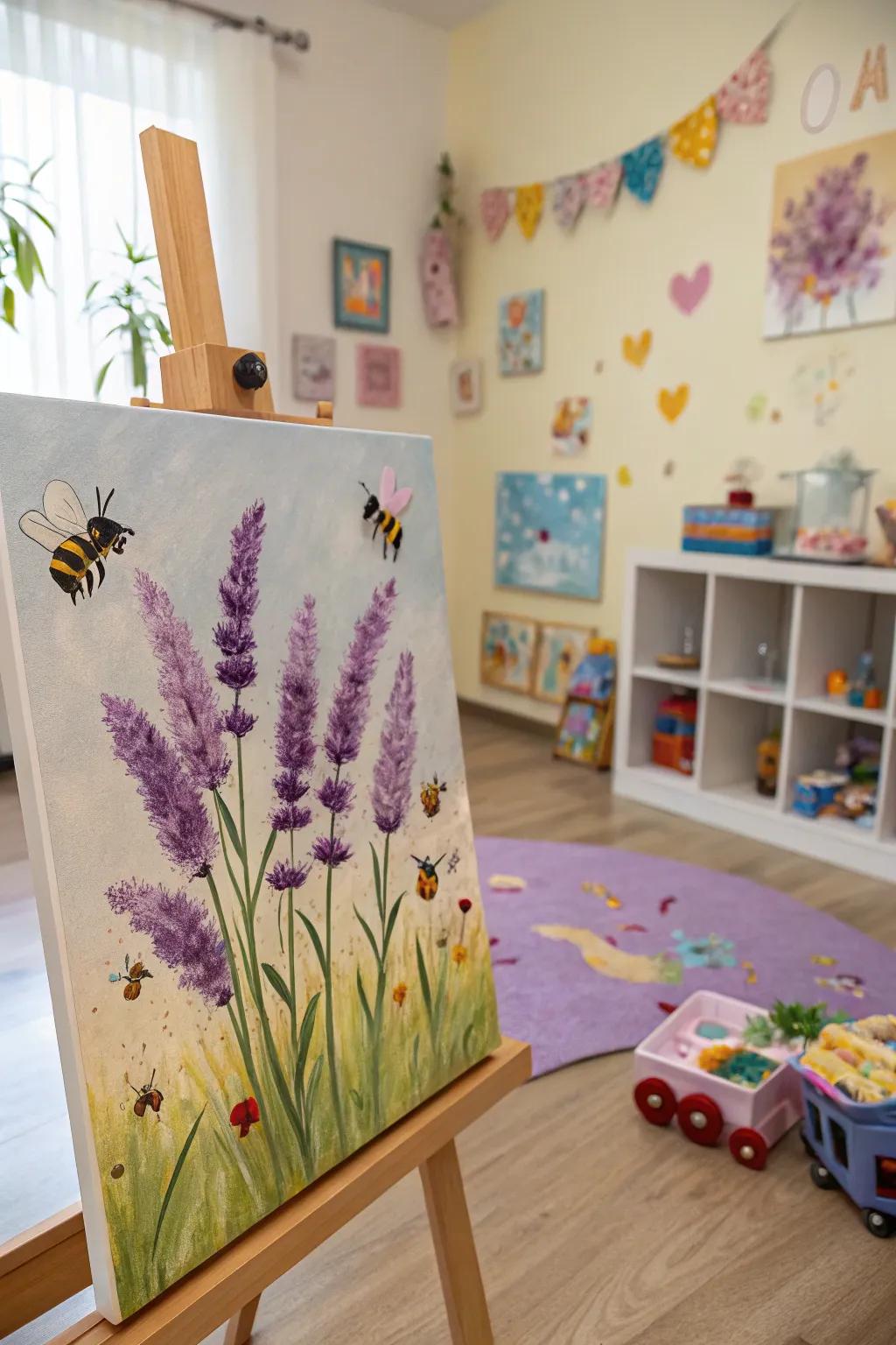 Lavender with buzzing bees, bringing a lively touch to any space.