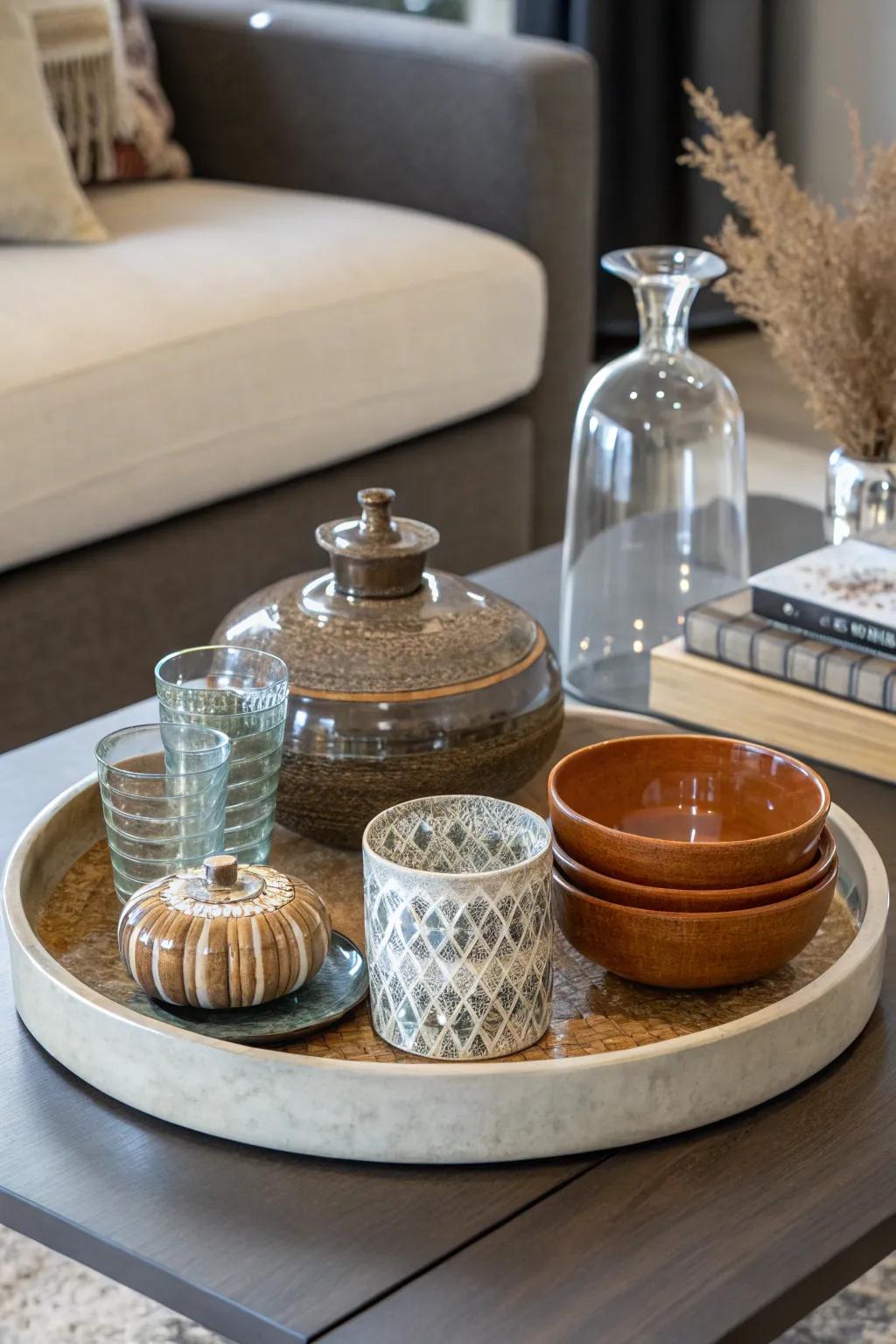 A chic combination of textures and materials on a rotating tray.
