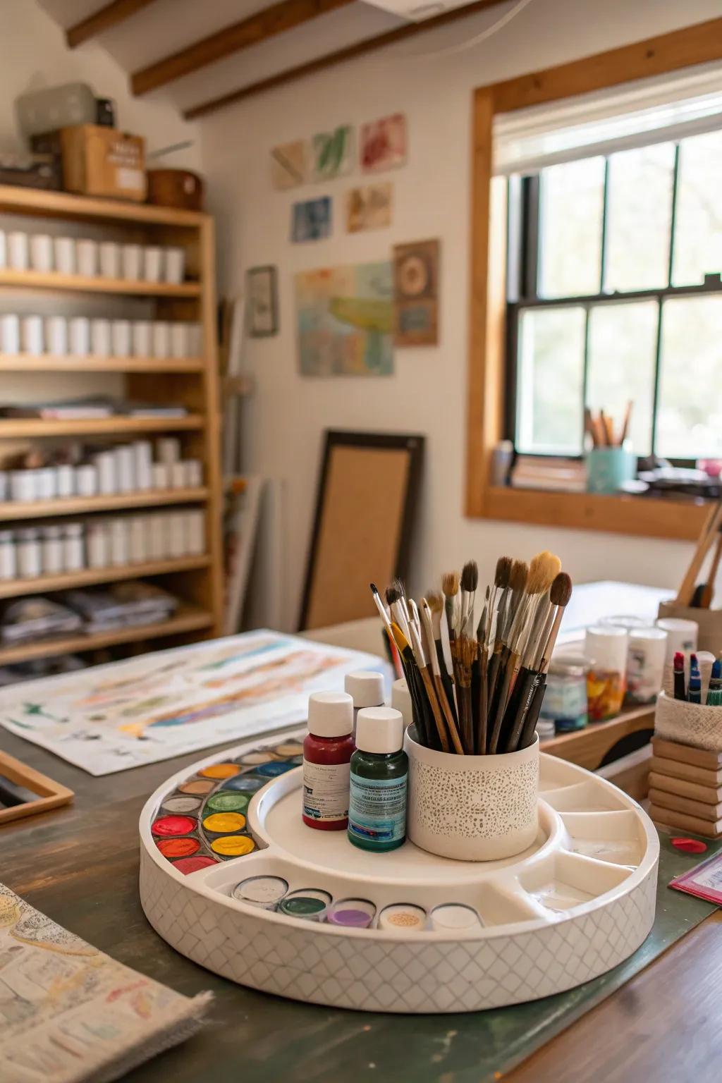 Keep craft supplies organized with a turntable organizer.
