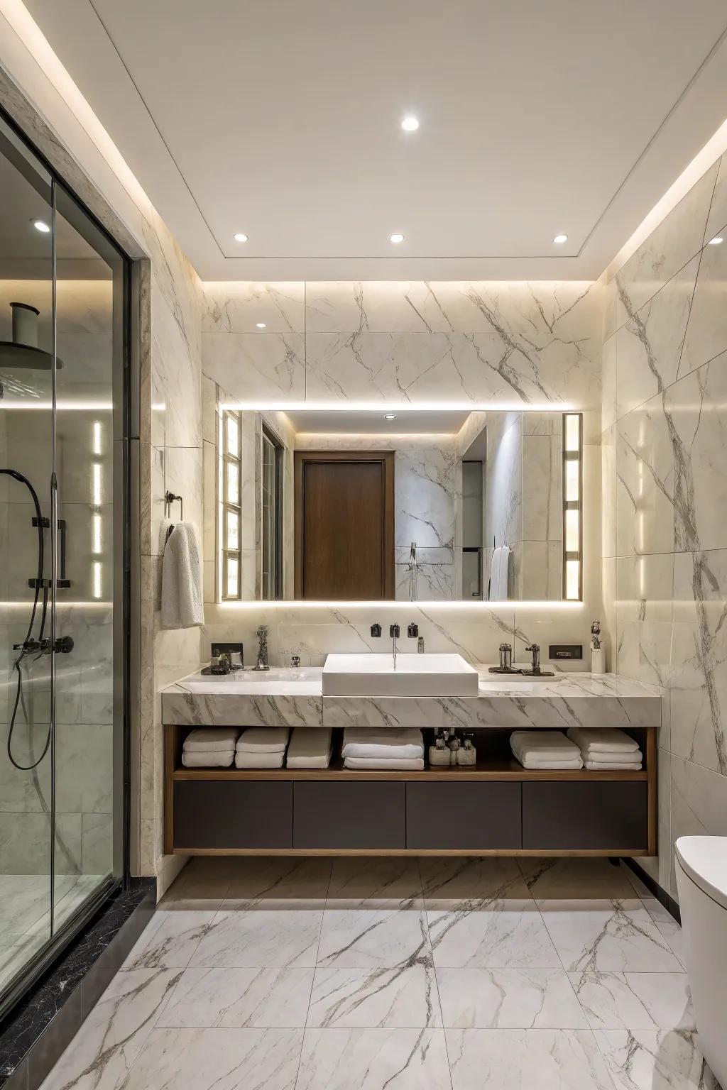 A timeless lavatory design with a marble backdrop and a streamlined light-emitting diode reflective surface.