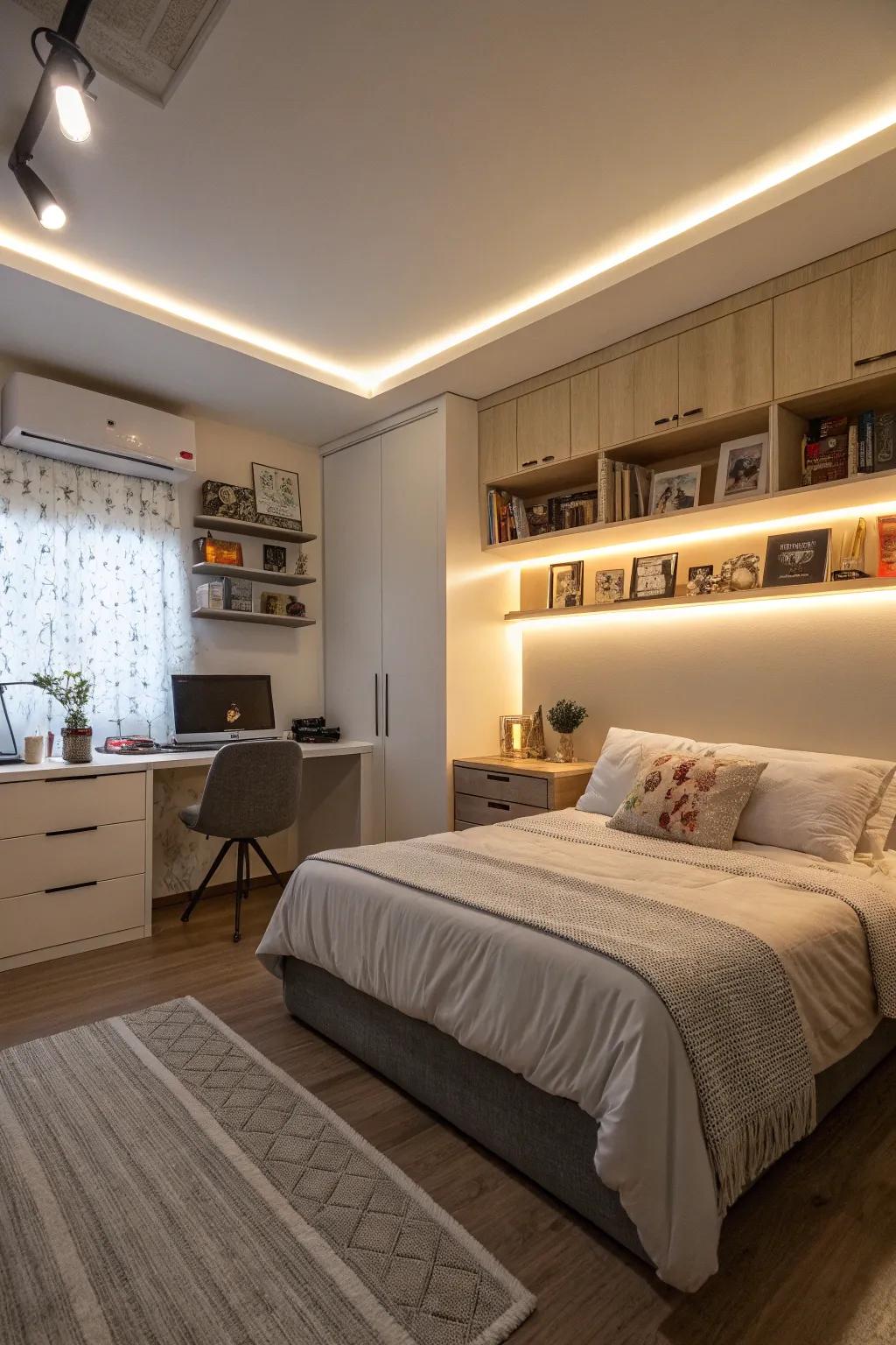 A cozy ambiance is created by the subtle lighting underneath the shelves.