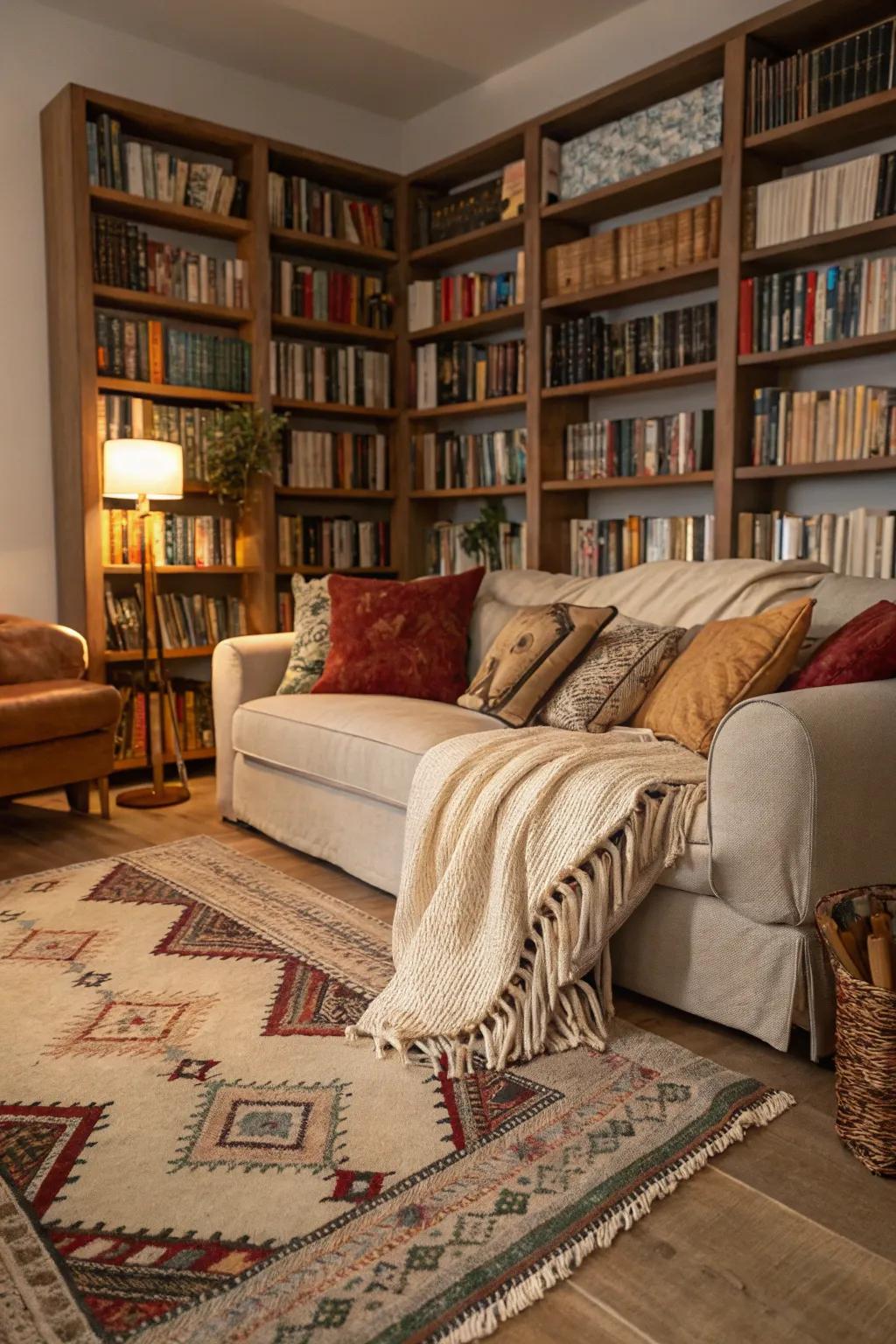 Rugs and throws contributing warmth and texture to the library area.