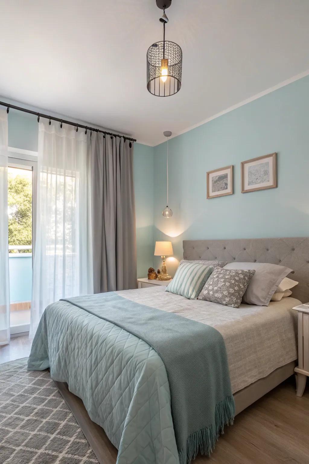 A serene bedroom featuring a calming combination of light blue and soft gray tones.