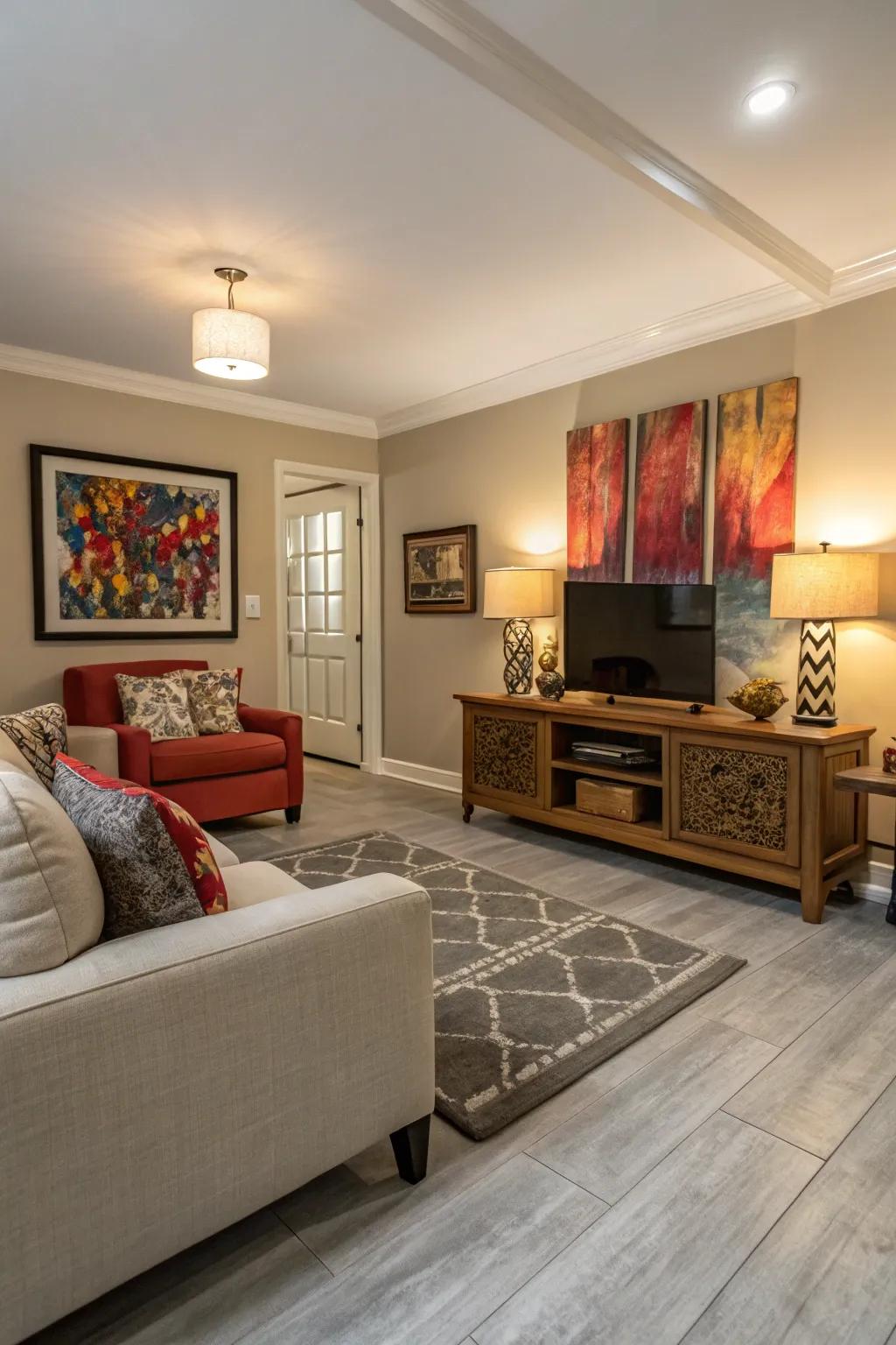 A creative living room with light grey flooring and striking art.
