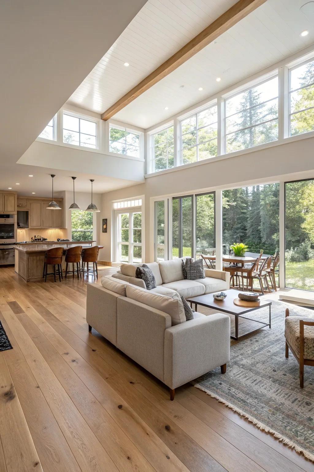 An open concept living room showcasing the seamless flow and spaciousness of light wood floors.