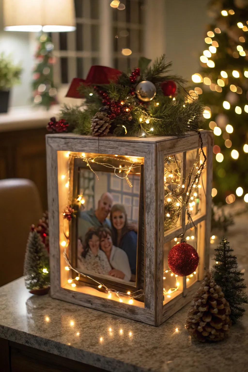 A personalized family photograph Christmas shadow box