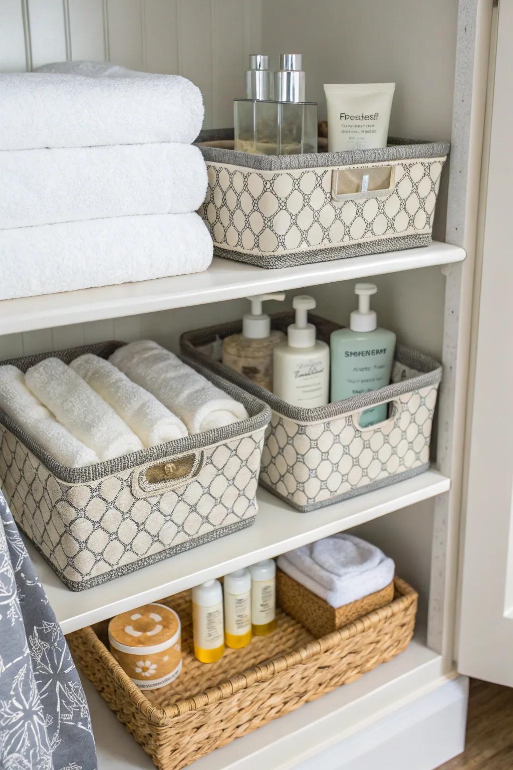 Chic trays layer both function and flair to a linen closet.
