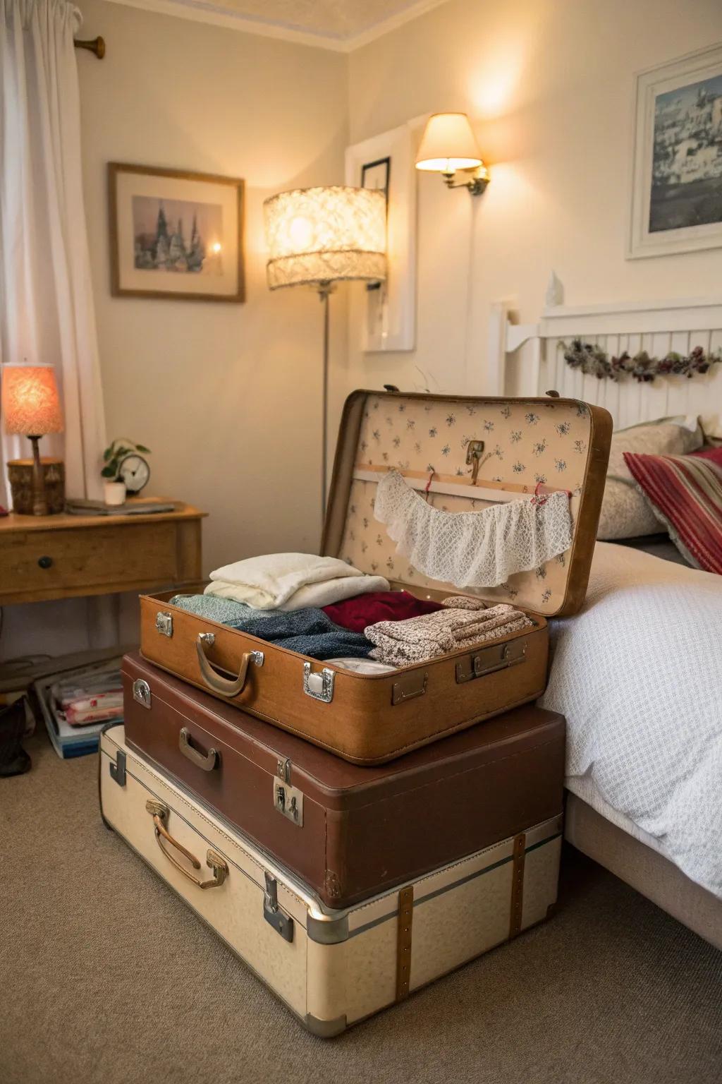 Vintage travel cases merge nostalgia with useful lingerie storage.