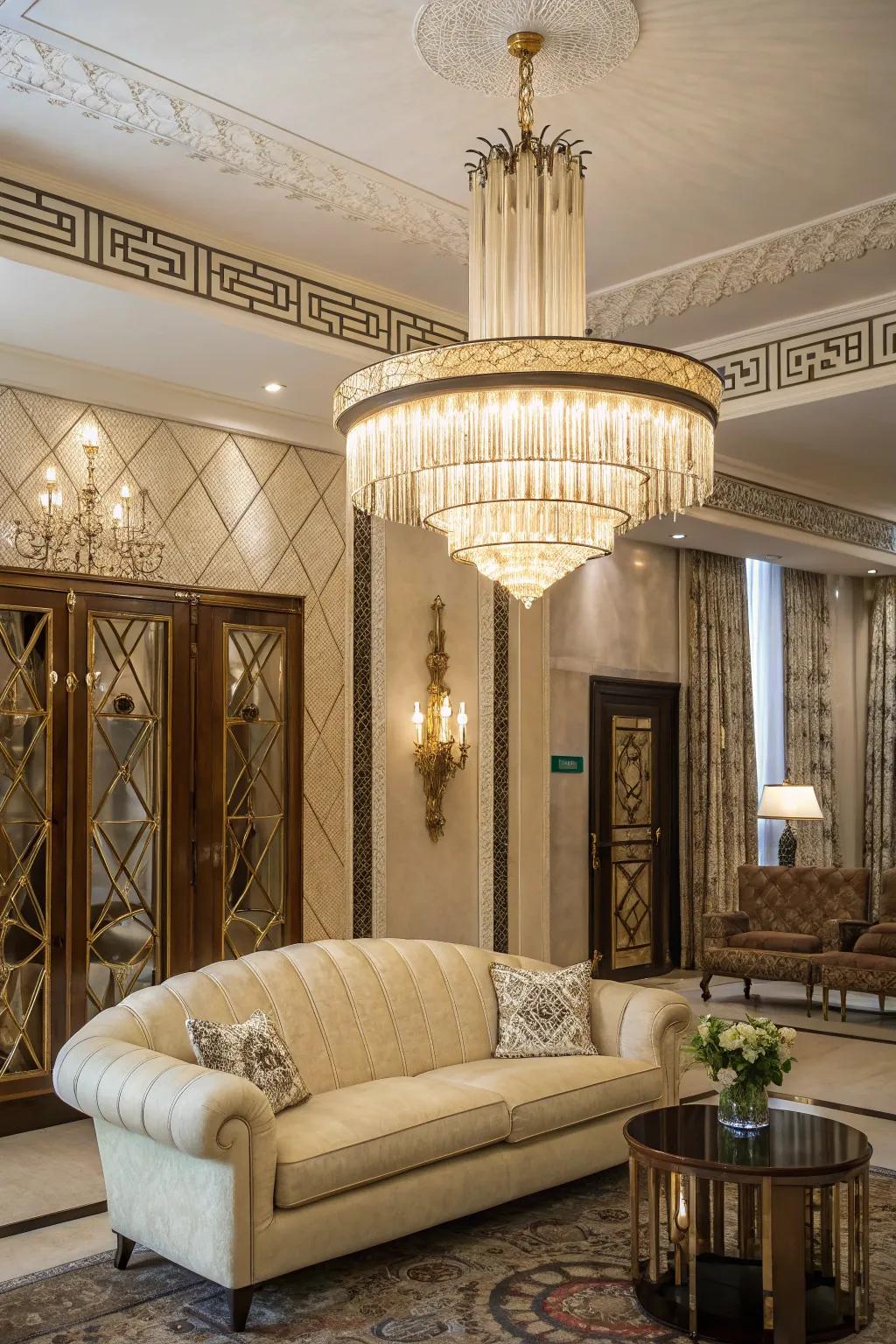 A living room showing an Art Deco overhead light with detailed shapes.