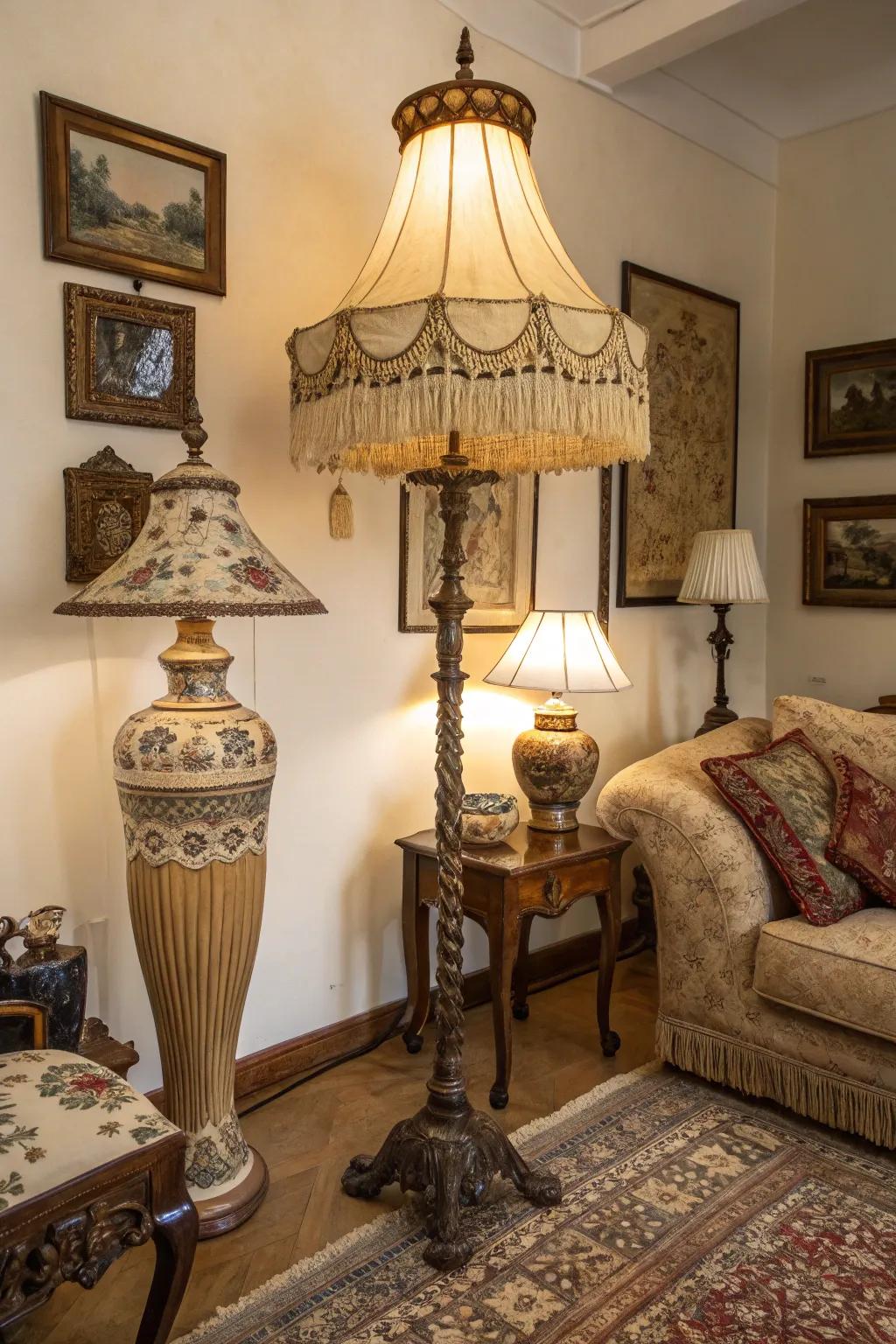 A vintage-style family room featuring an antique standing lamp.