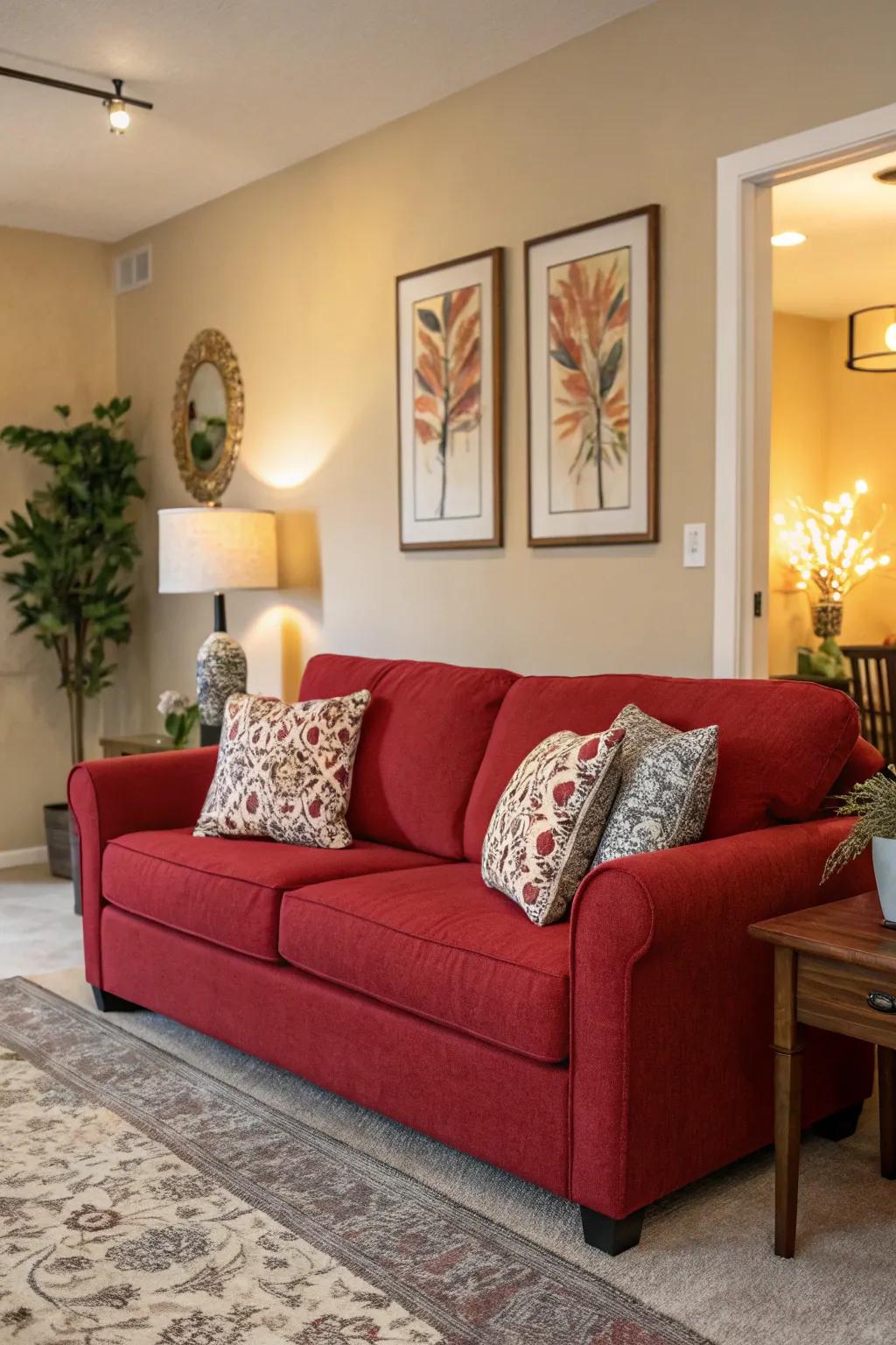 Feature walls introduce equilibrium and dimension, flawlessly complementing a red sofa.