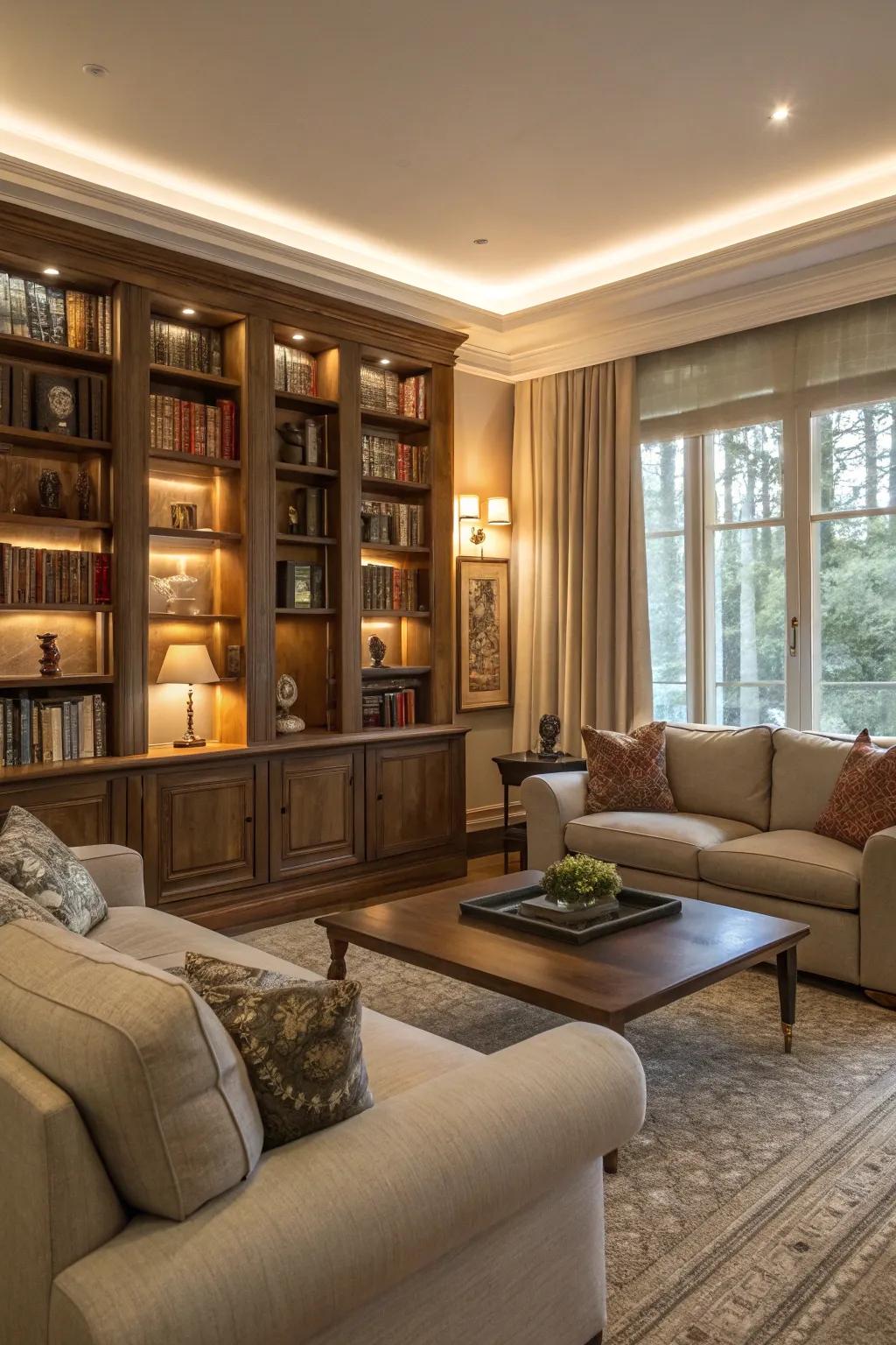 A symmetrical living room design highlighted by integrated shelving units.