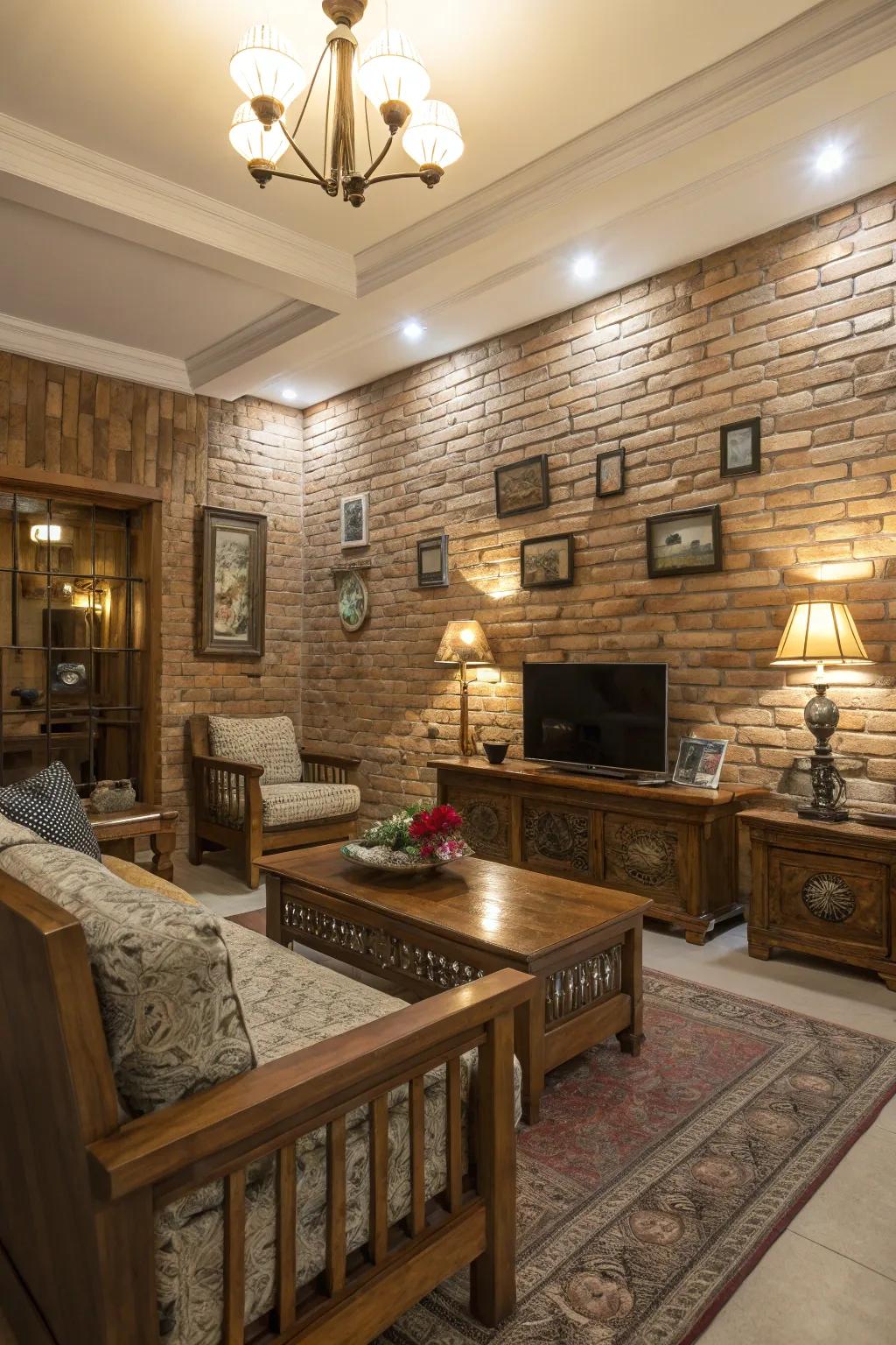 Simulated bricks convey vintage charisma and texture.