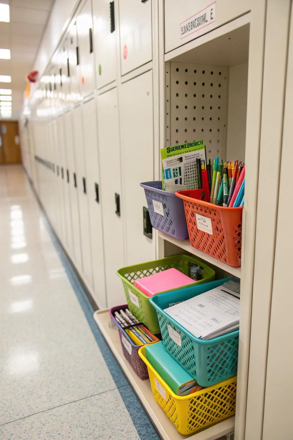 A locker with utilitarian storage boxes for effective and organized space management.