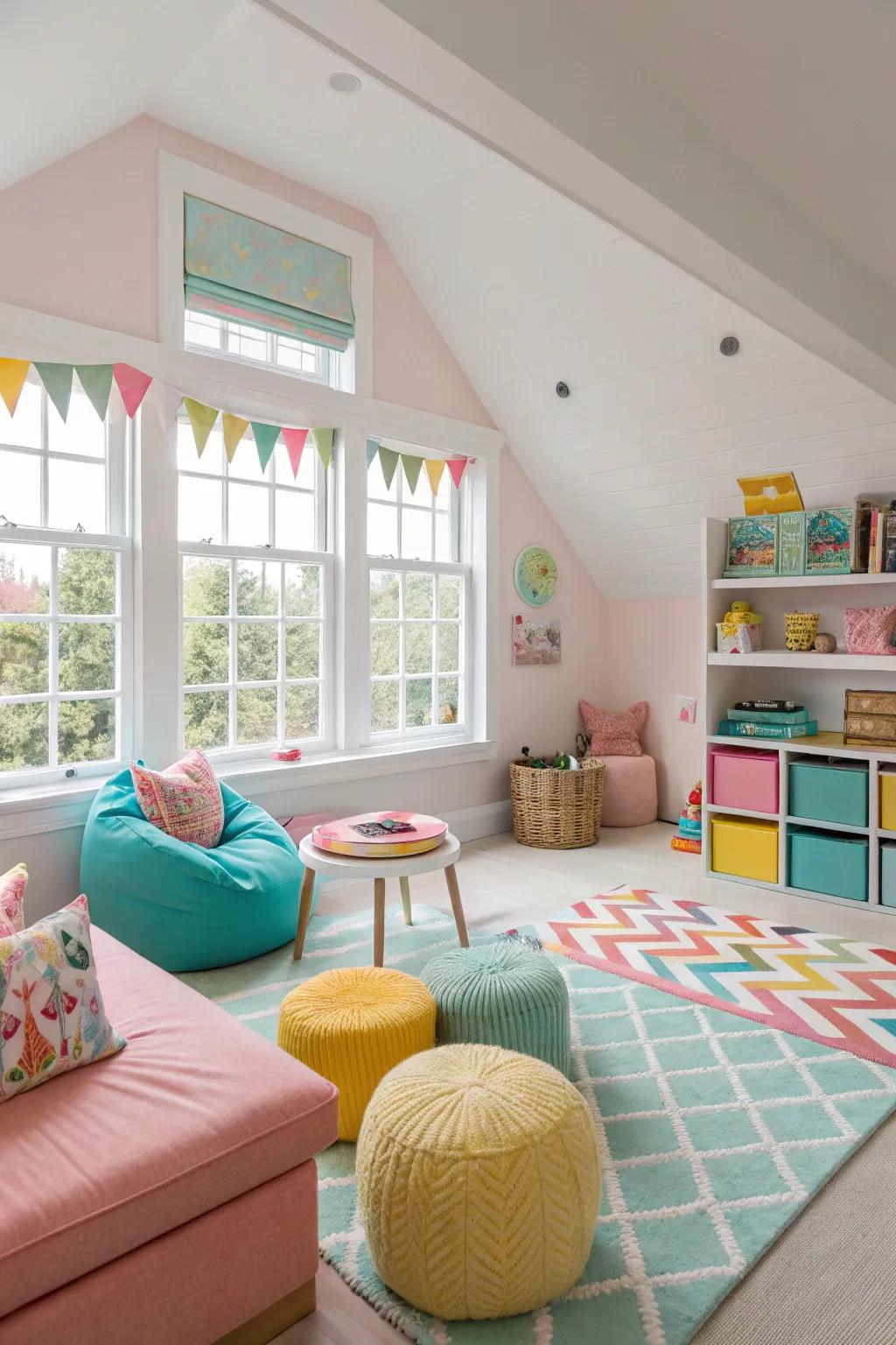 A spirited chromatic spectrum permeates the playroom through vitality.