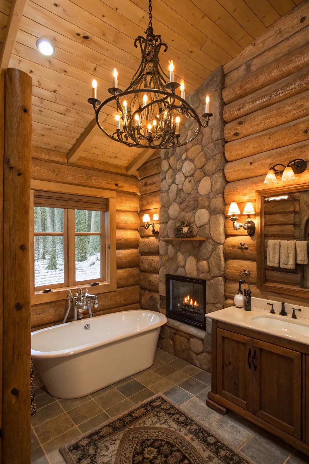 A log cabin bathroom using country light fixtures.