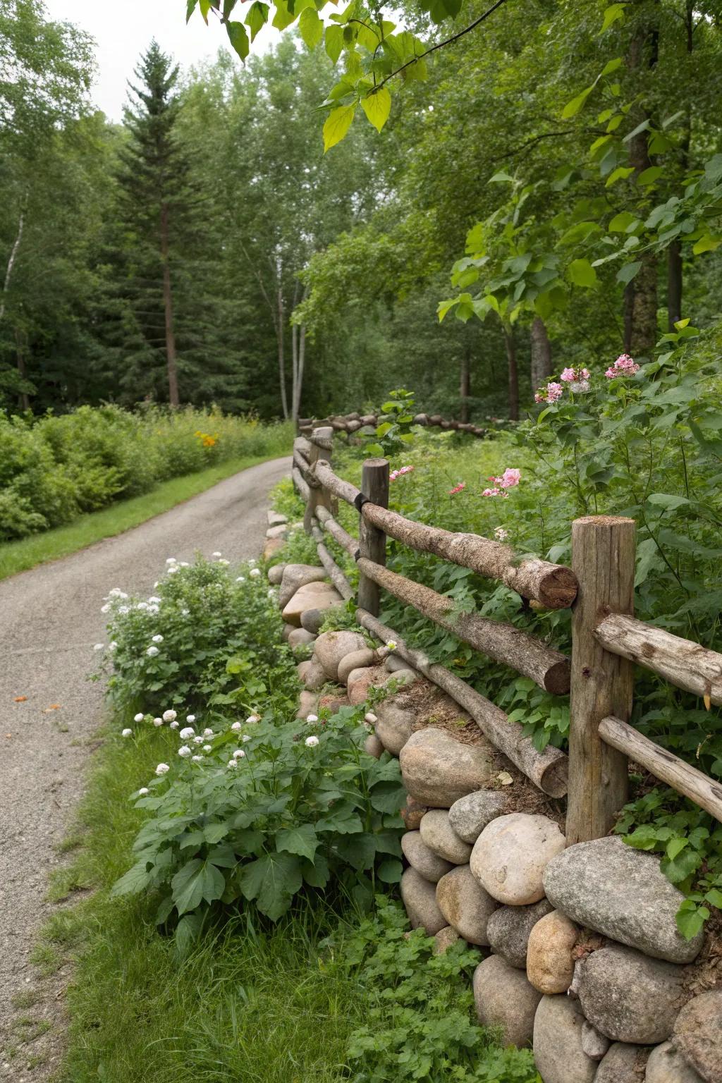 Log and stone combo for an earthy and elegant fence.