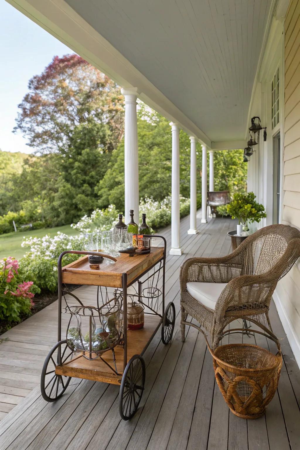 Unexpected elements like a beverage trolley add surprise and intrigue to a porch.