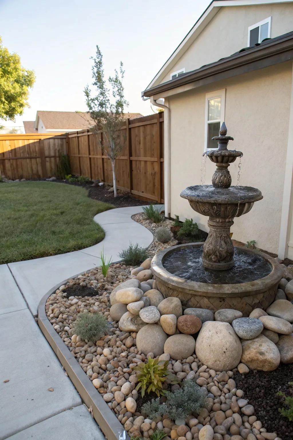 A water feature appends calmness and a soothing atmosphere.