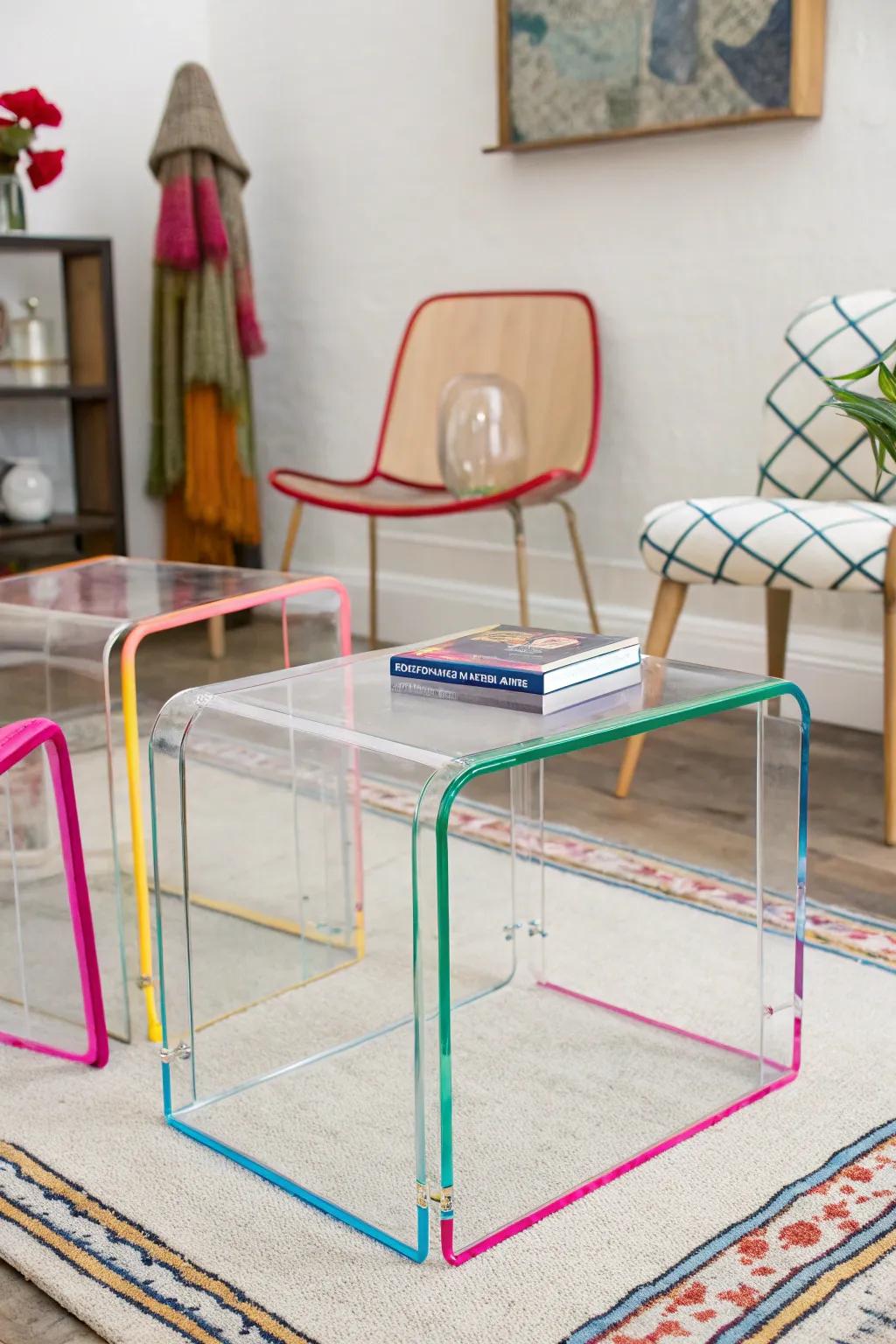 Color-edged lucite pieces offer a playful detail.