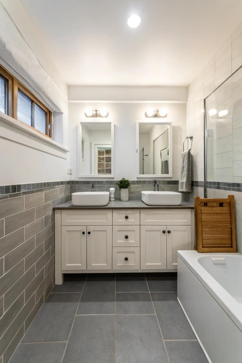 A bathroom featuring a muted and calming shade choice.