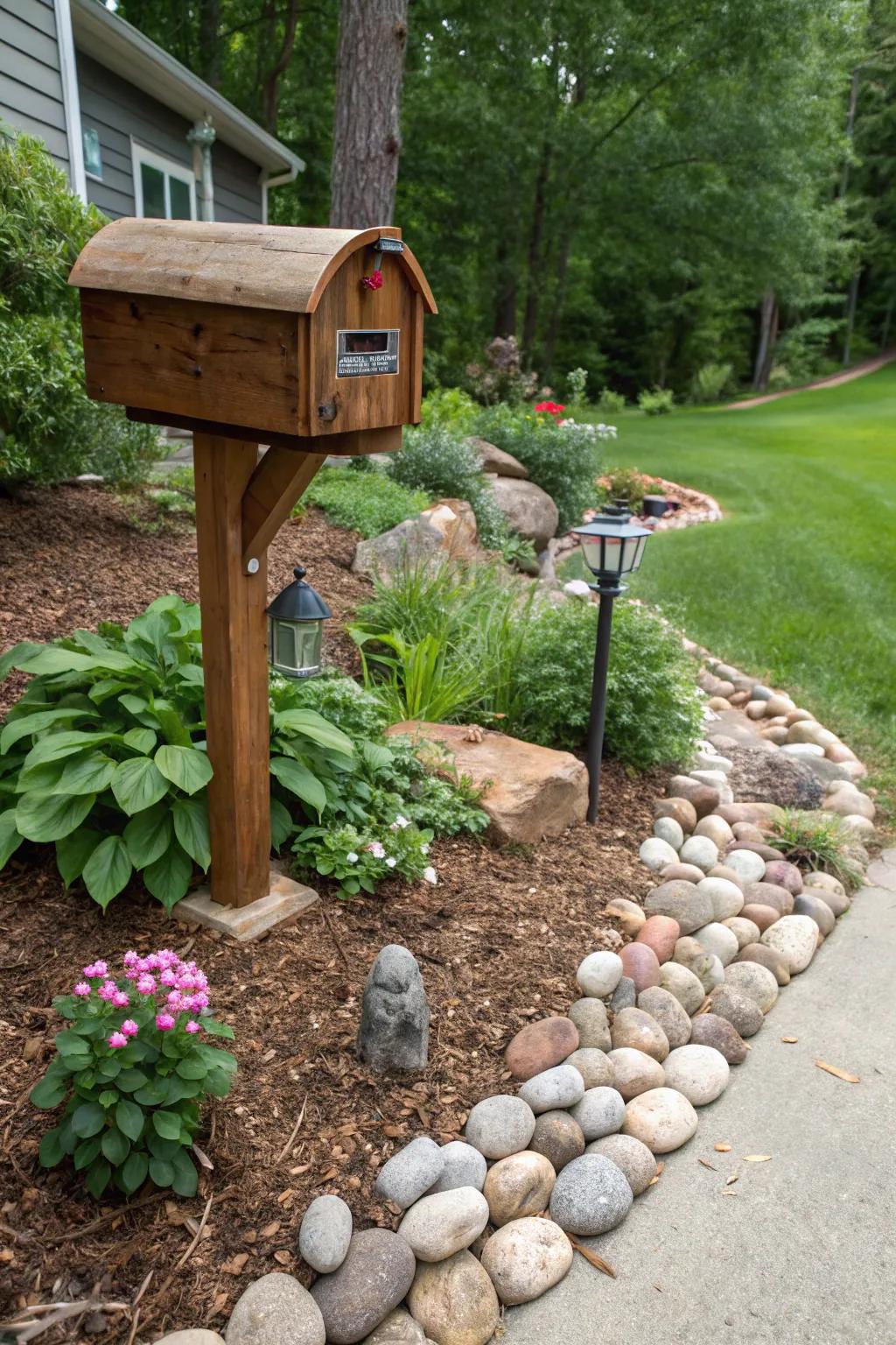 Ground cover and boulder embellishments cultivate a utilitarian and visually pleasing mailbox arrangement.