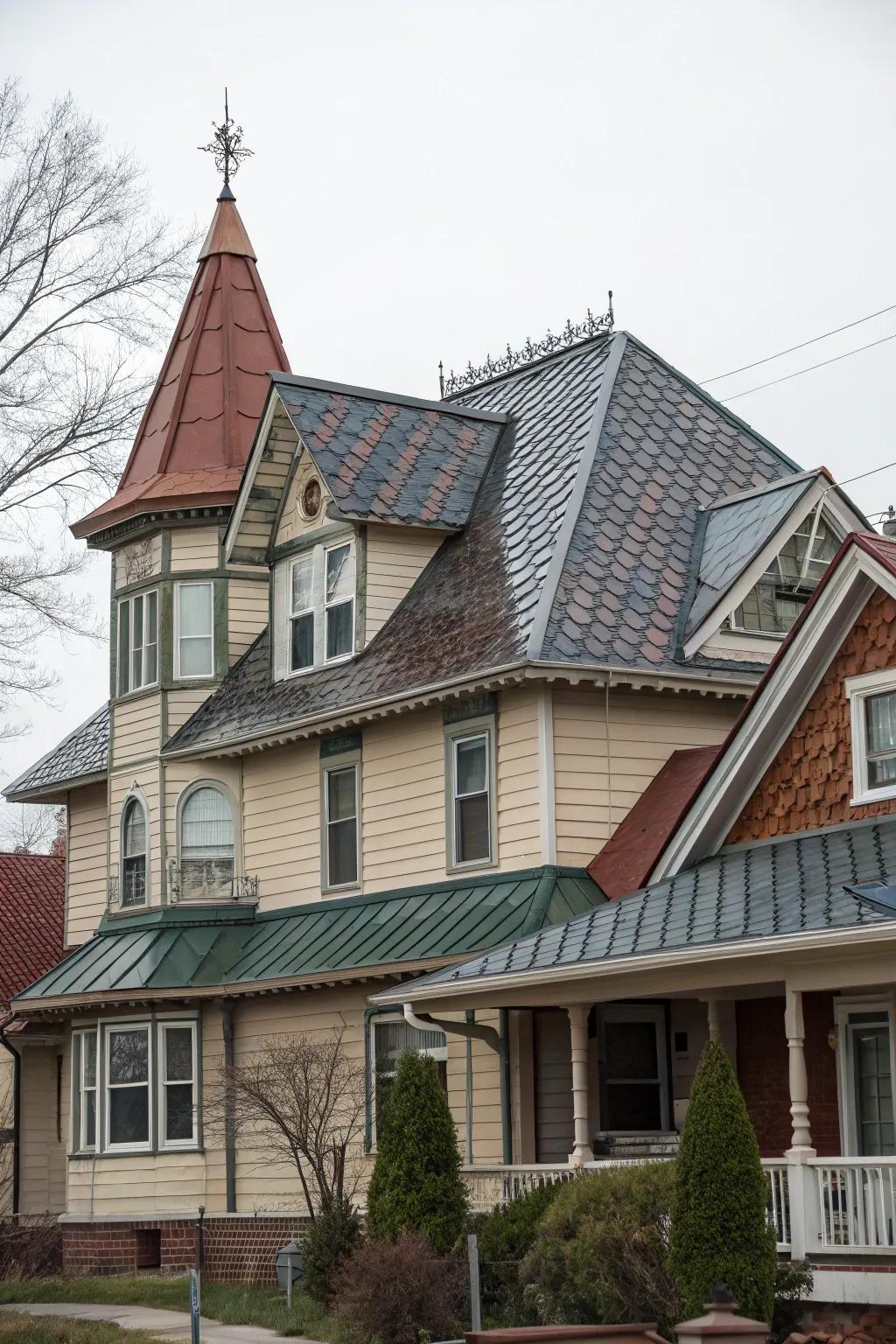A material medley appends feel and fascination to this mansard roof.