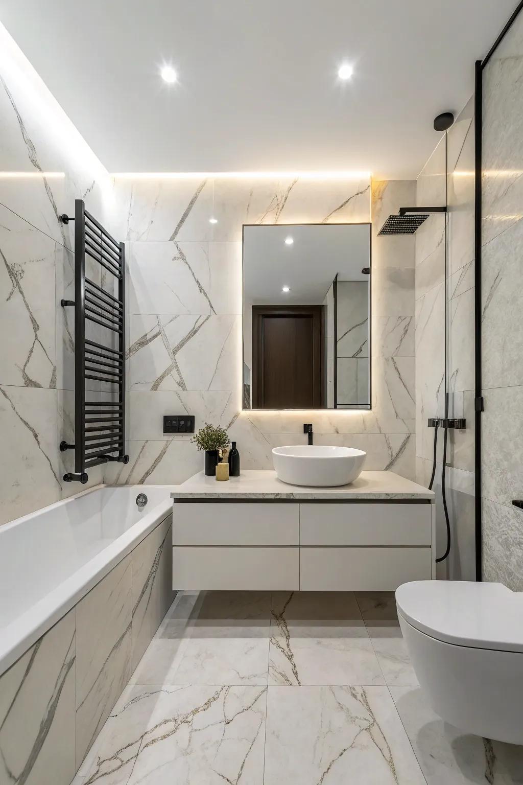 Essentialist decor adding warmth and nature to a bathroom with stone-style polished stoneware.