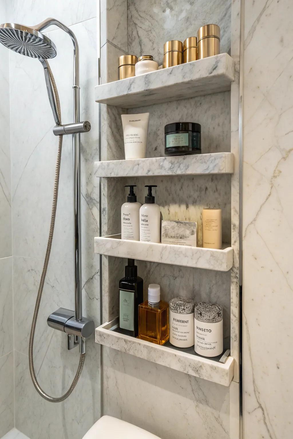 A multi-level stone alcove combines storage with style.