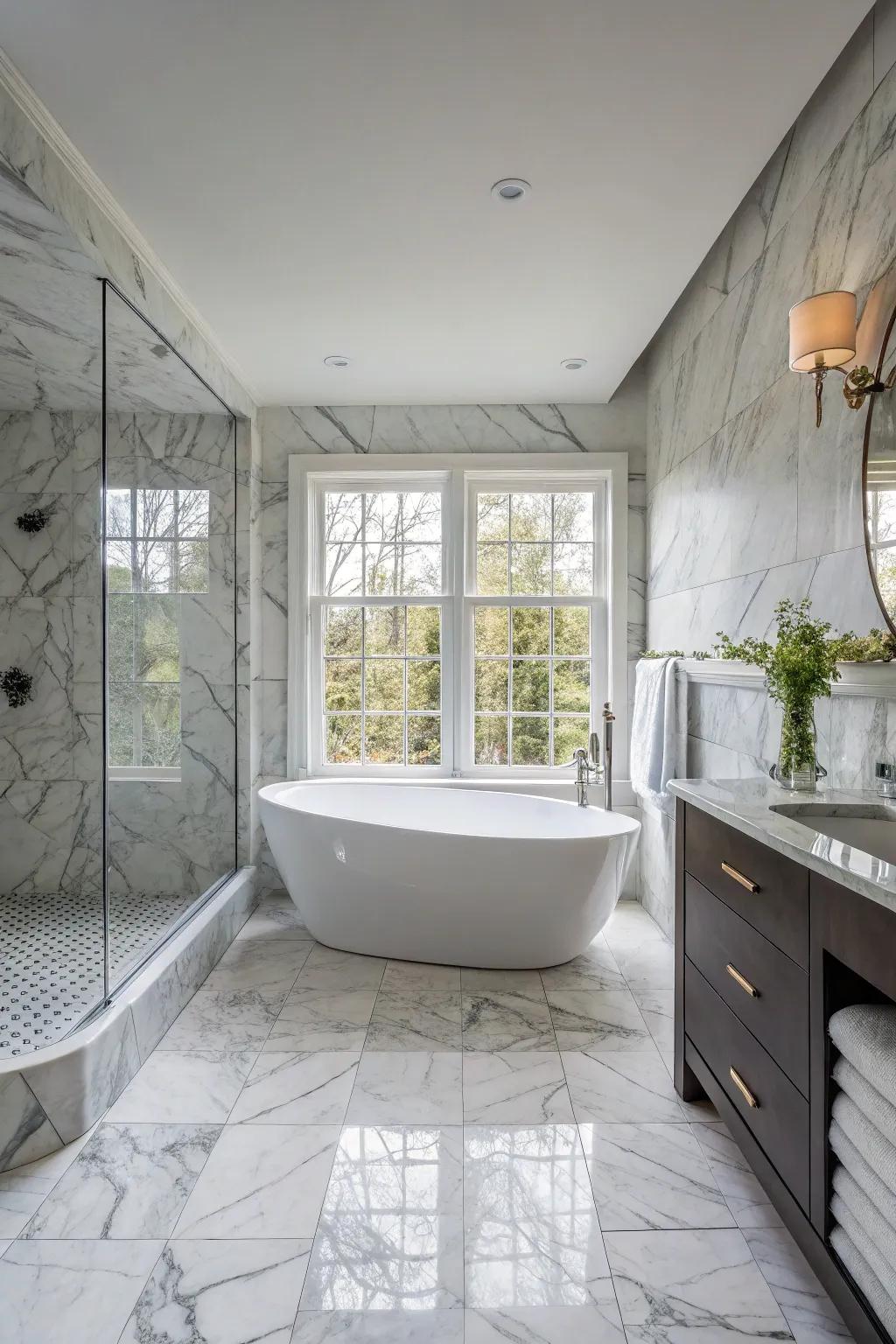 Amalgamate an unattached basin with stone panels for a spa-esque getaway.