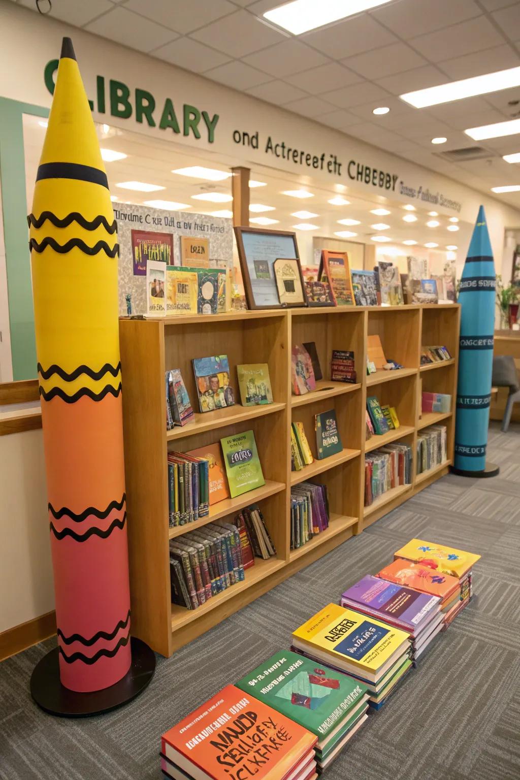 A colorful National Crayon Day display with vibrant books and crayons.