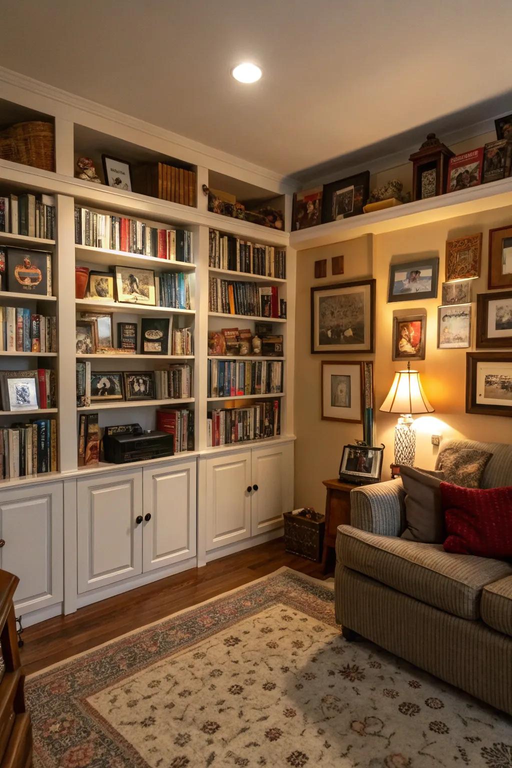 Book racks furnish both storage and flair within the den.