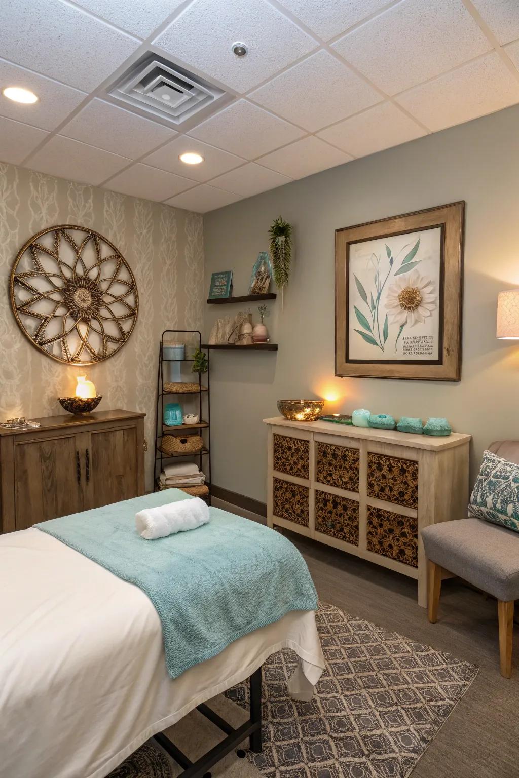 A massage room through unique and individual decor aspects.