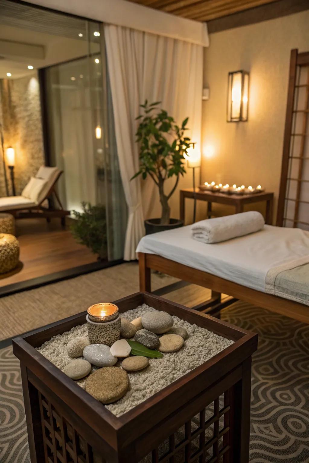 A zen garden adds a meditative touch to the room.