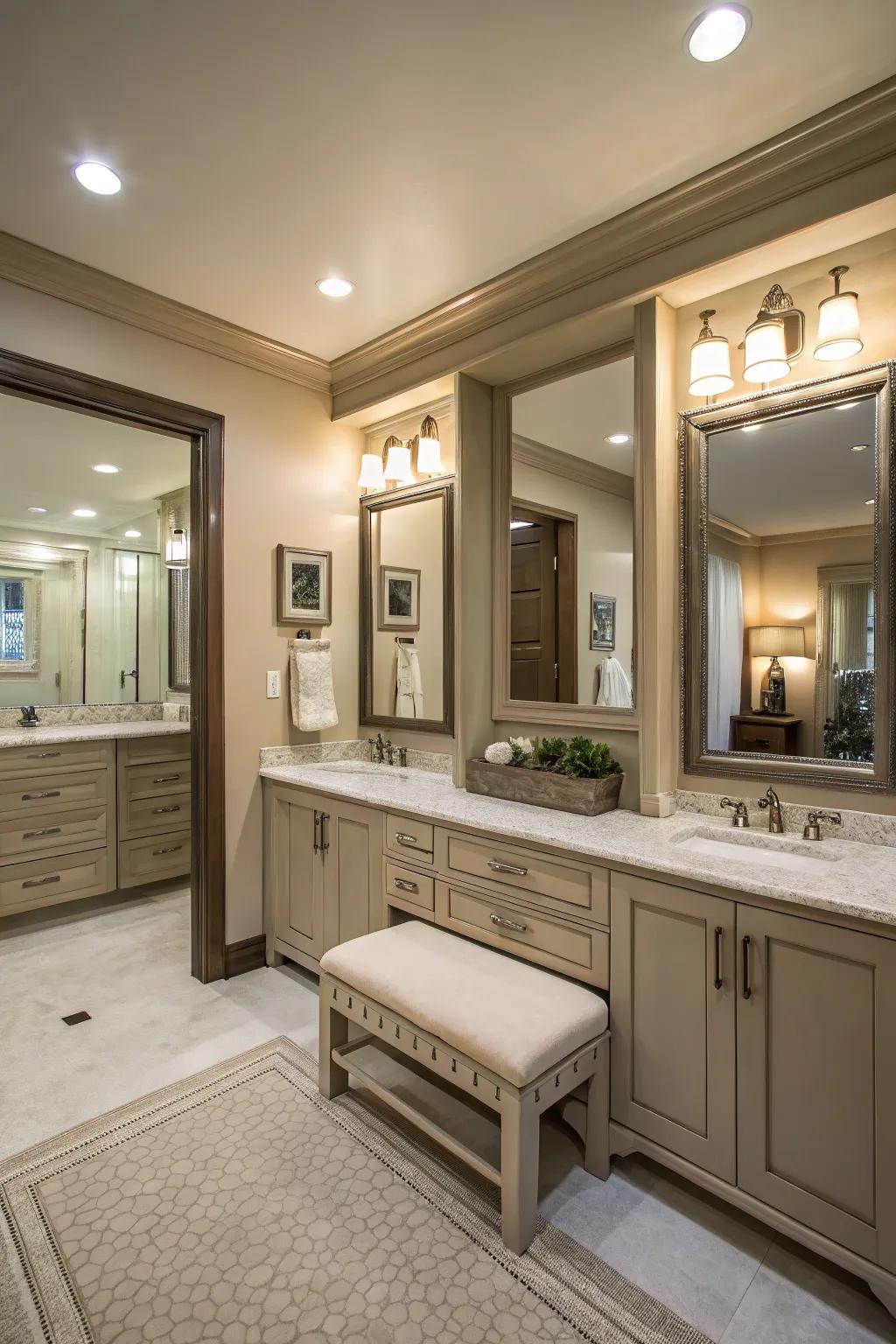 This bathroom boasts a convenient dressing zone, tailored for a relaxed start to the day.