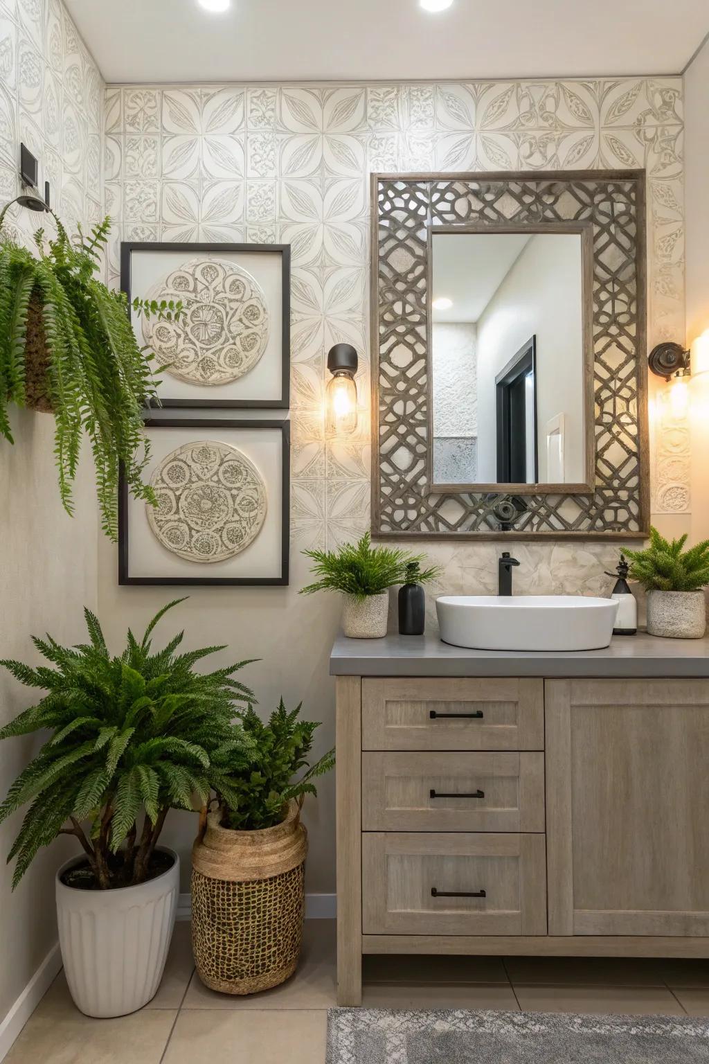 Bathroom enhanced with ornamental plants and stylish wall art.