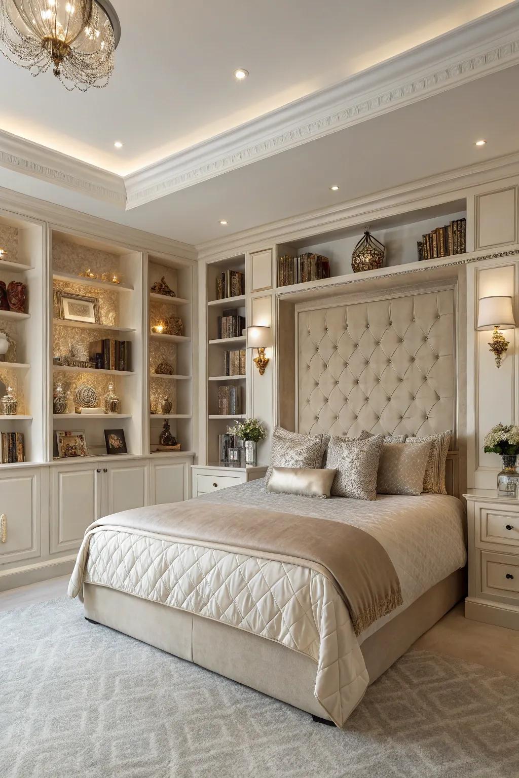 In-wall storage provides a stylish and functional addition to the headboard.