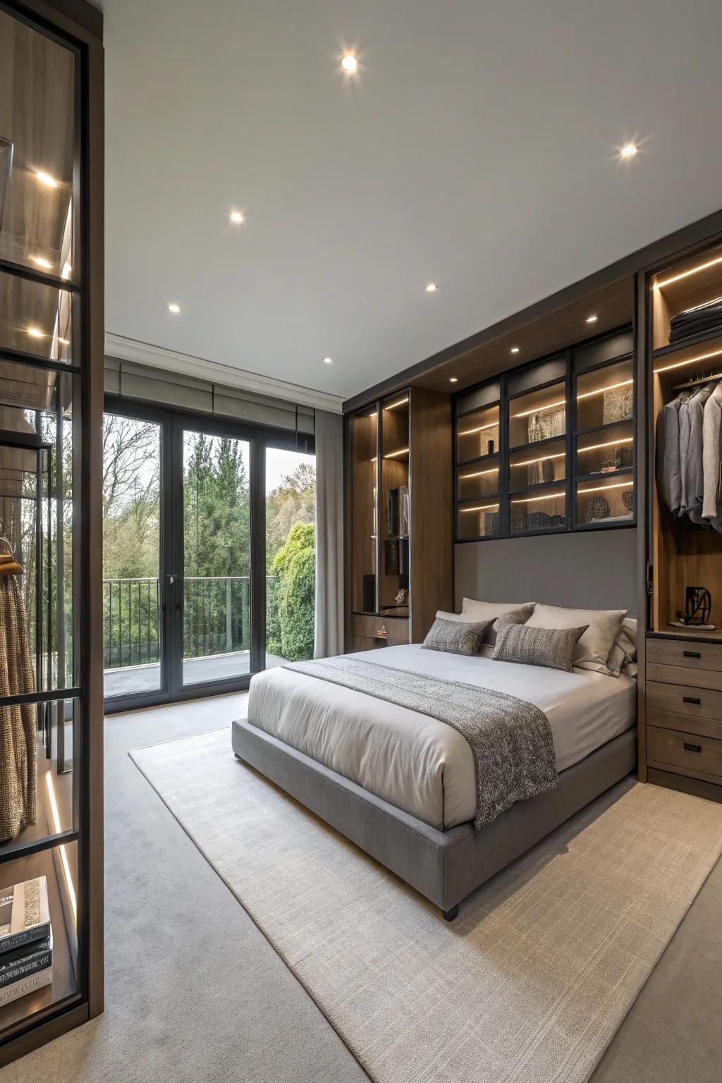 Integrated storage solutions maintain an organized bedroom.