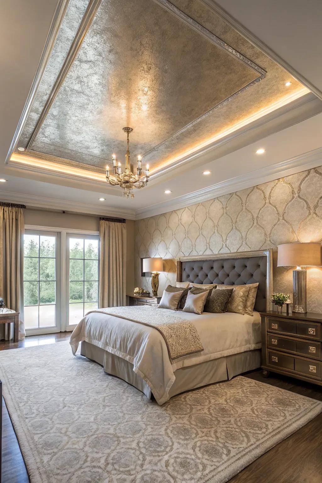 Metal finishes can imbue your stepped ceiling with a chic, modern edge.