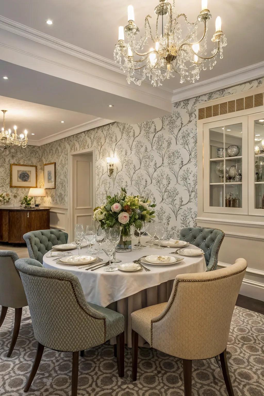 Mixed pattern wallpaper adds depth and texture to a dining room.