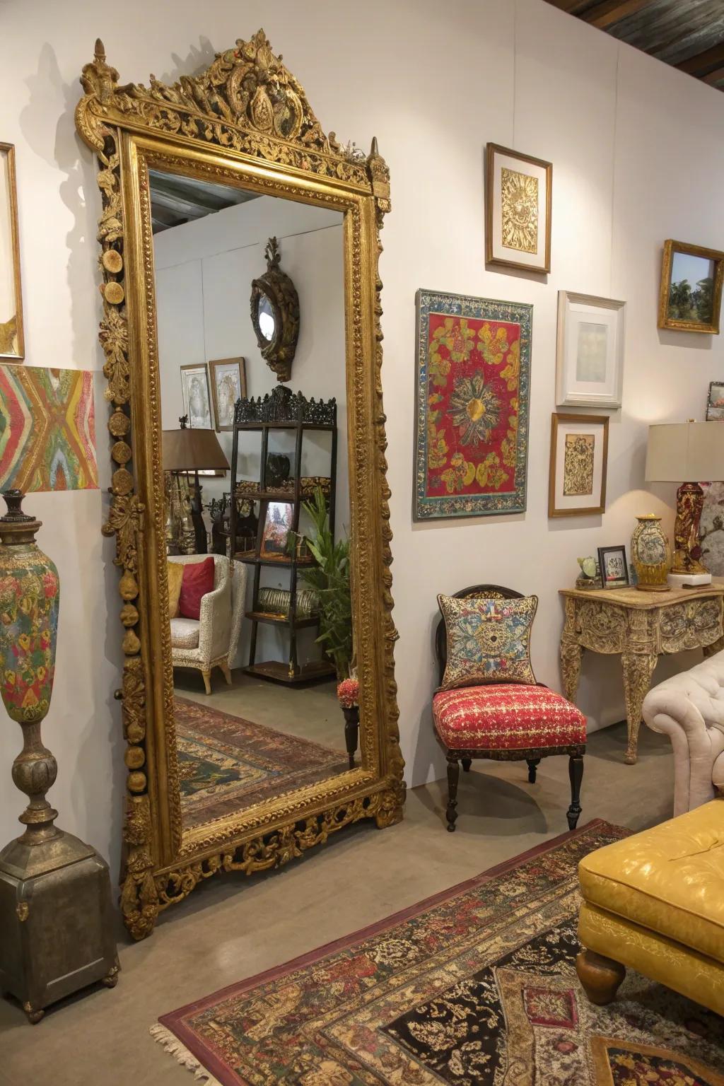 An antique looking glass introduces history to this vibrant room.