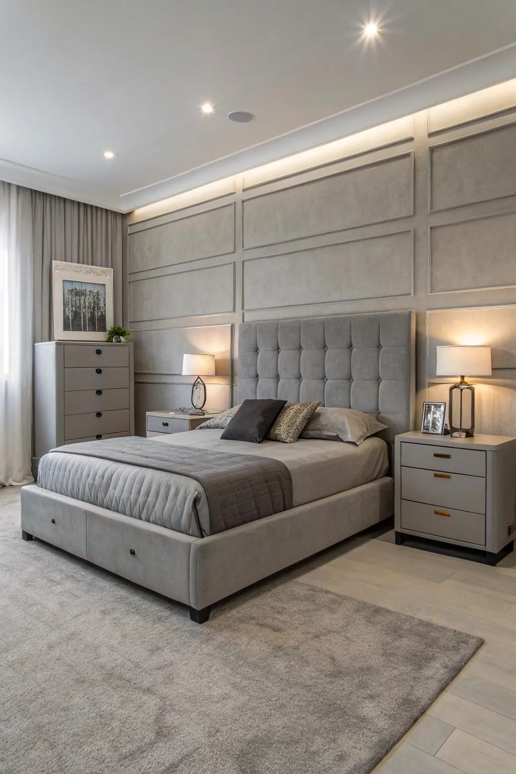 Smooth-lined furnishings enhance the minimalist allure of the grey bedroom.