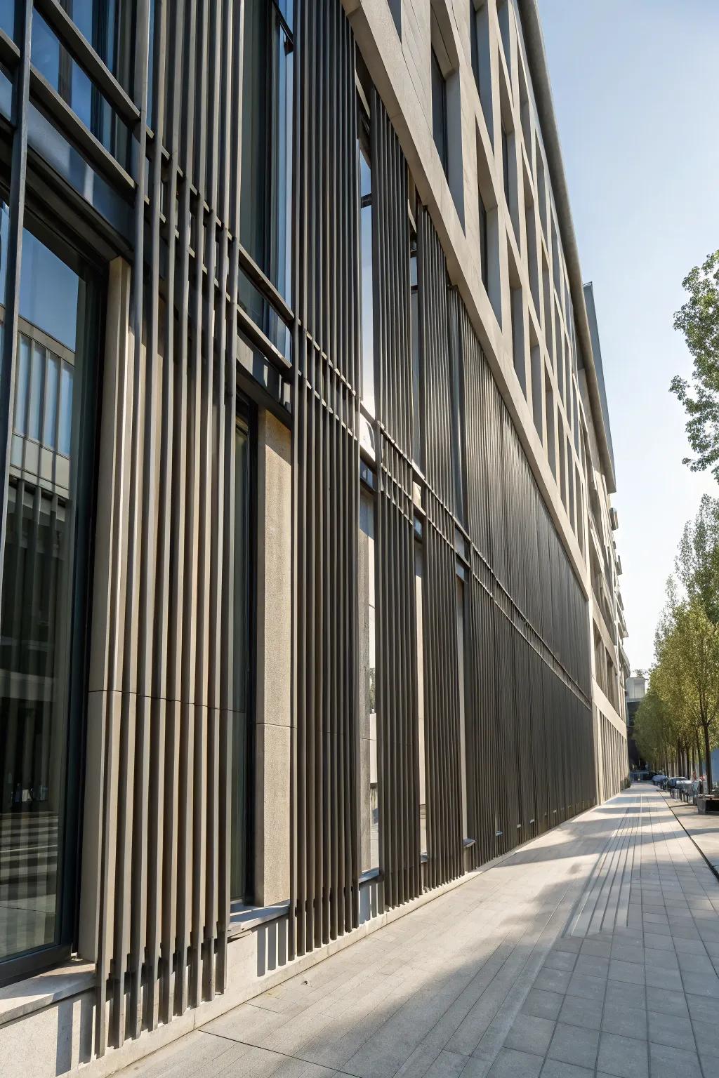 Vertical tube screens contribute a distinctive architectural element.